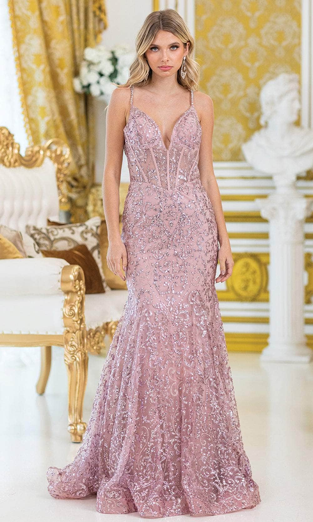 chinese dress ladies Strappy-Back Long Beaded Prom Dress with Sheer Corset Rose Gold / Small