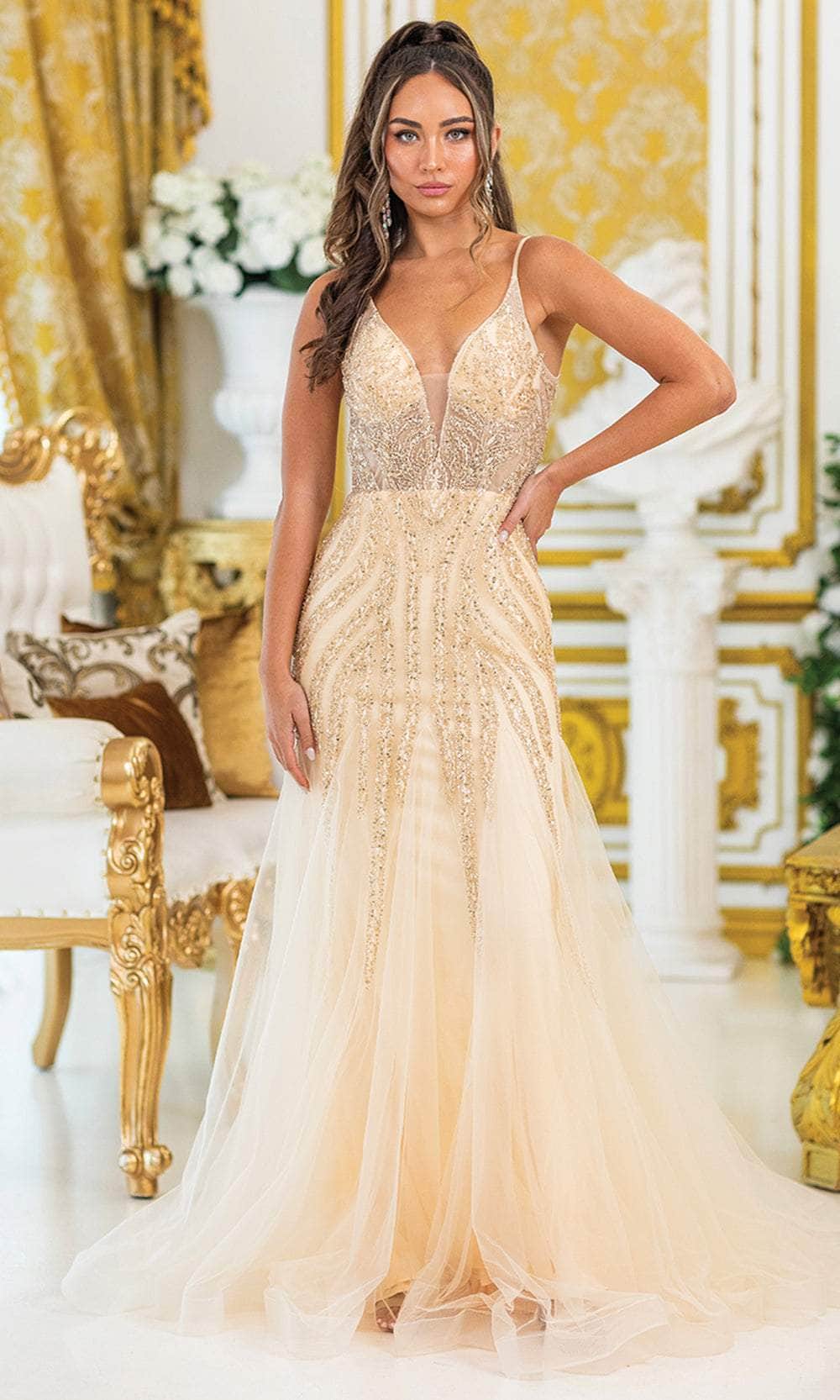 Deep V-Back Long Champagne Prom Dress with Beading Champagne / XLarge Deep V-Back Long Champagne Prom Dress with Beading Champagne / XLarge