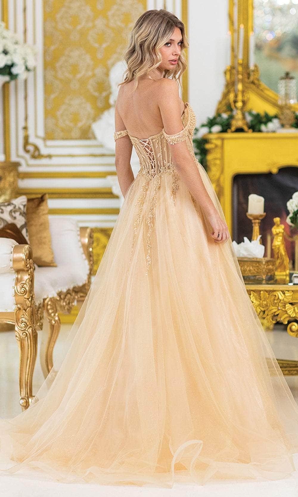 Dancing Queen 4490 - Off-Shoulder High Slit Gown Prom Dresses