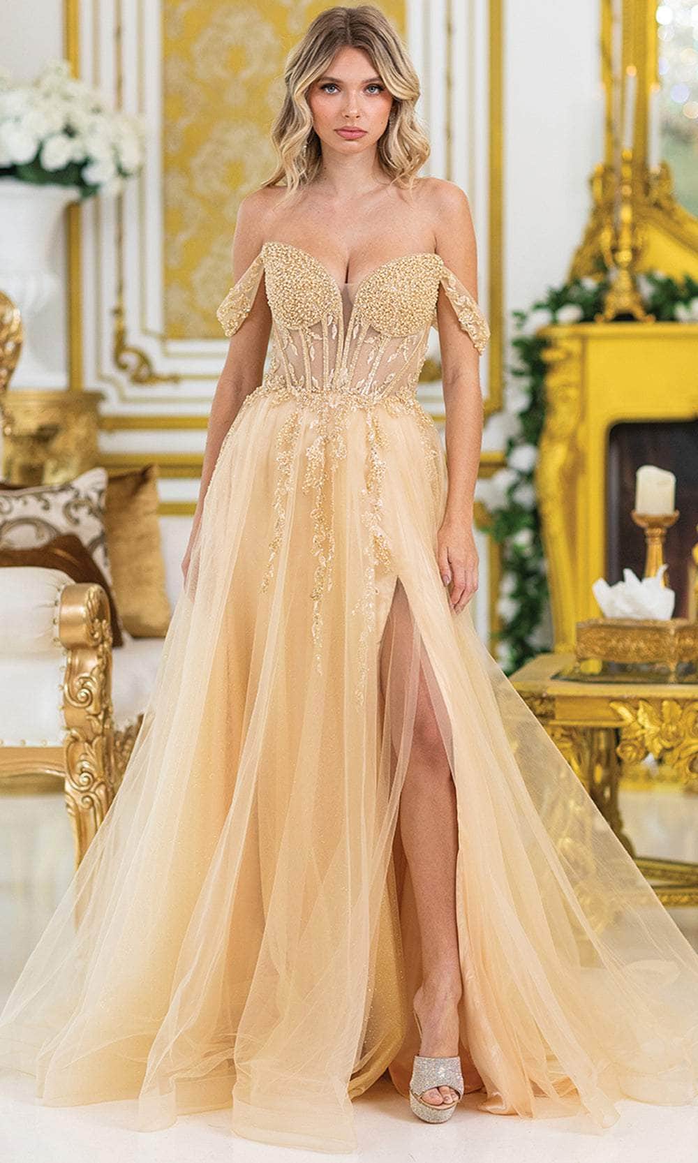 Dancing Queen 4490 - Long Glitter Tulle A-line Dress - Beaded Bodice, Off-Shoulder Straps, Illusion Corset Bodice, High Slit, Layered Skirt, Lace-Up