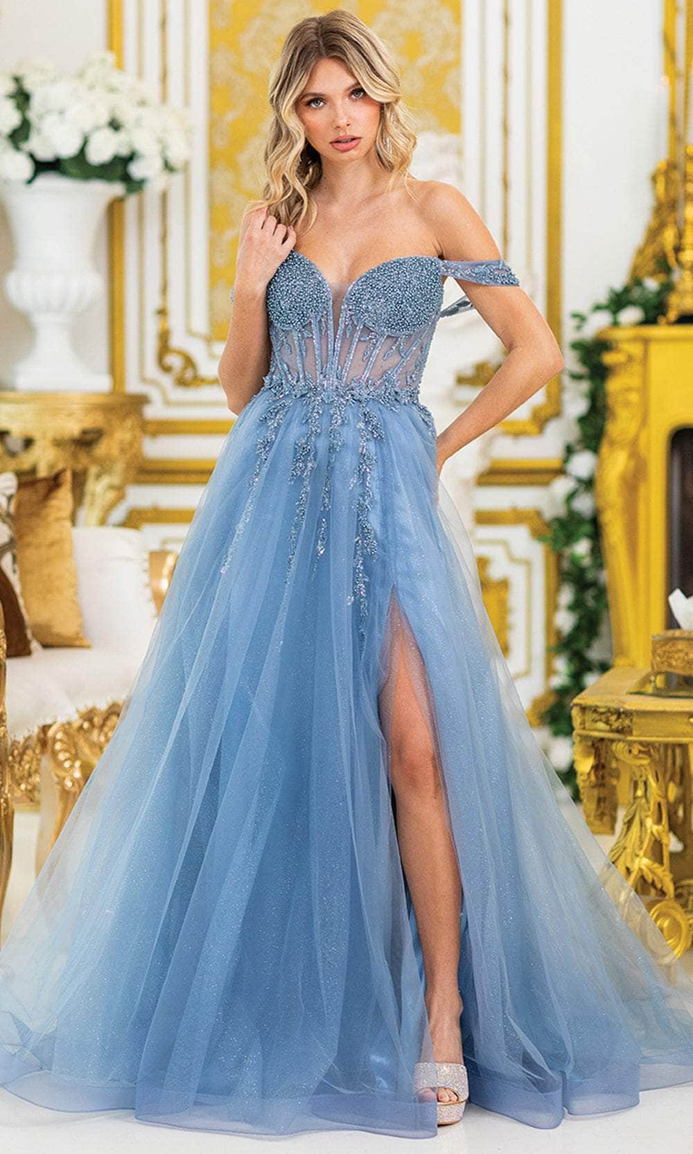 Dancing Queen 4490 - Off-Shoulder High Slit Gown Prom Dresses