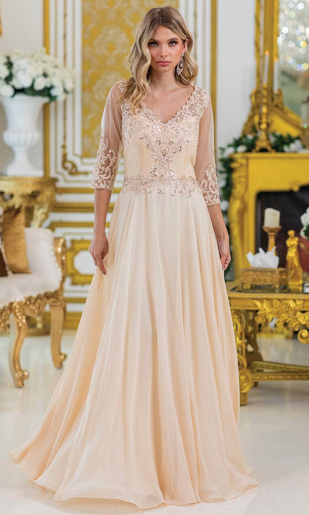 Beaded-Bodice Long Formal Dress with Long Sleeves Champagne / XLarge