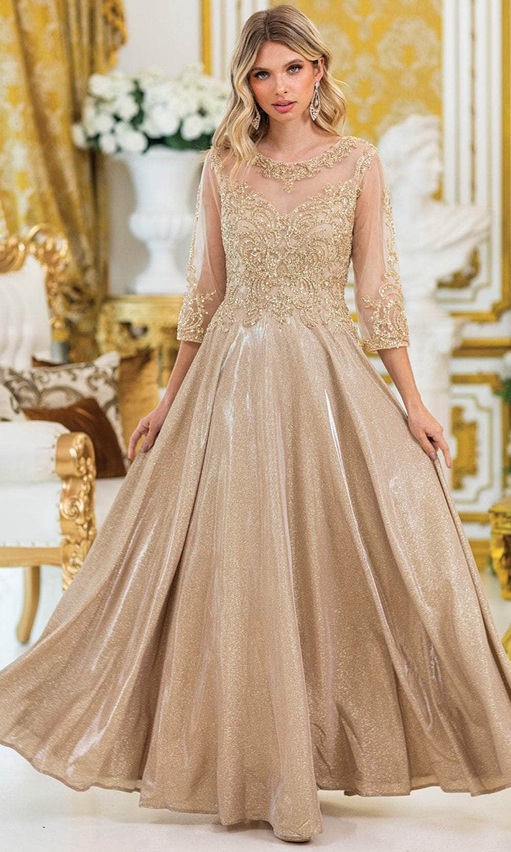 Long A-Line Formal Dress with Long-Sleeve Lace Bodice Champagne / Small