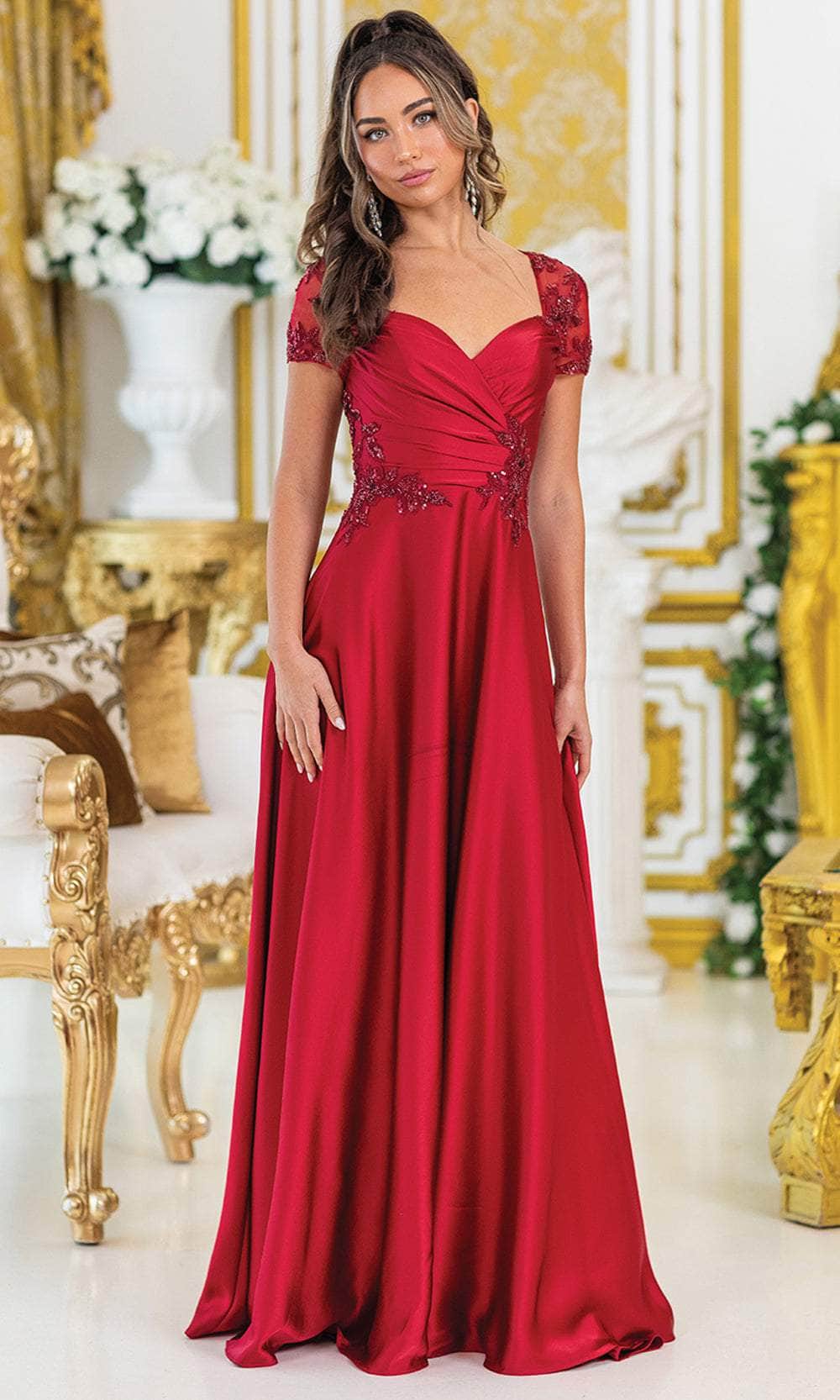 Short-Sleeve Long A-Line Prom Dress with Beads Champagne / 4XLarge Short-Sleeve Long A-Line Prom Dress with Beads Champagne / 4XLarge