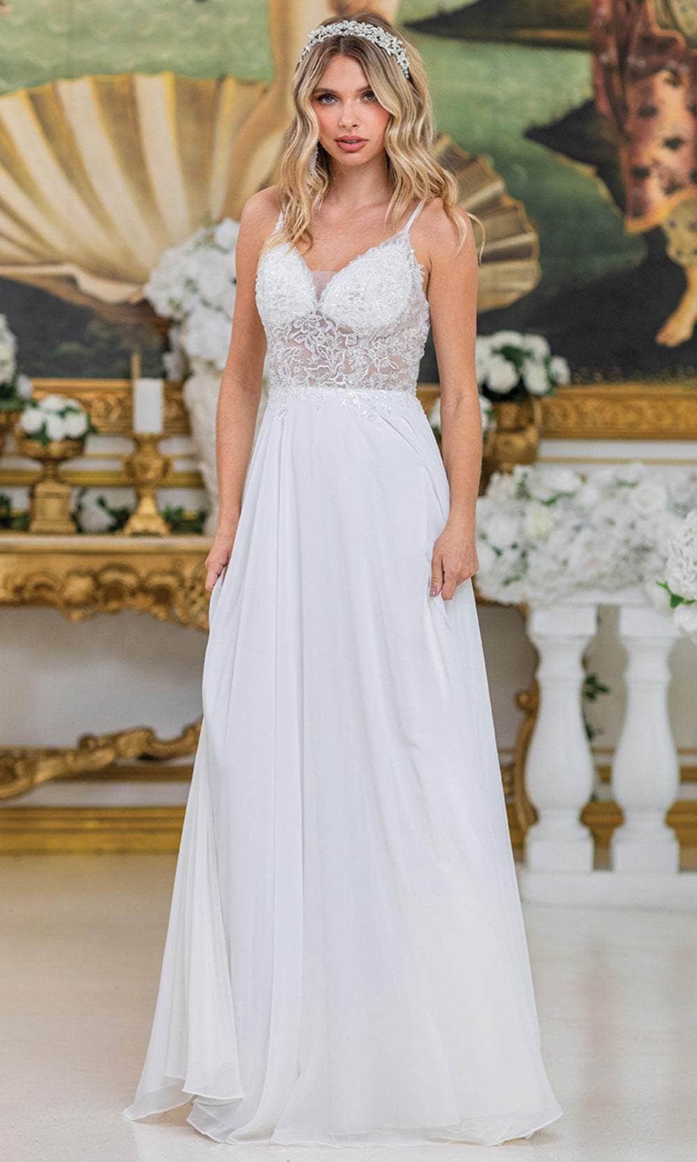 Dancing Queen 4500 - Long A-line Dress - Lace Applique, Beaded, Spaghetti Straps, Flowy Skirt, Illusion Bodice, Open Back 3XL / Off White