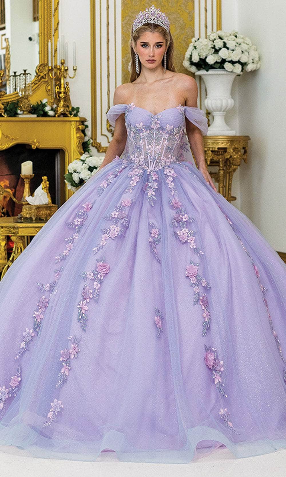 Dancing Queen 5012 - Floral Illusion Sweetheart Neckline Gown Quinceanera Dresses XS /  Bahama/Lilac