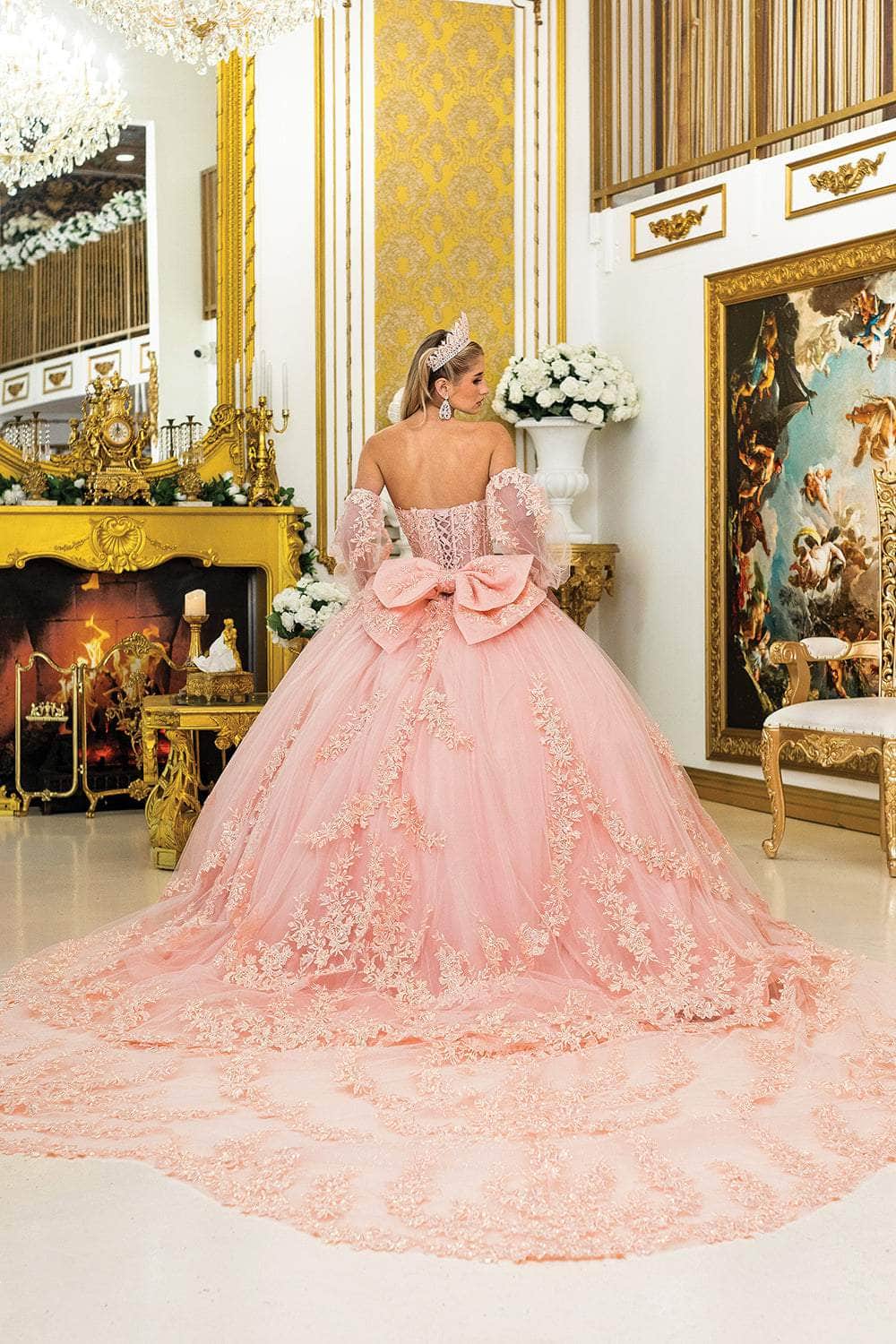 Dancing Queen 5016 - Lace-Up Floral Ballgown with Bow Accent Quinceanera Dresses