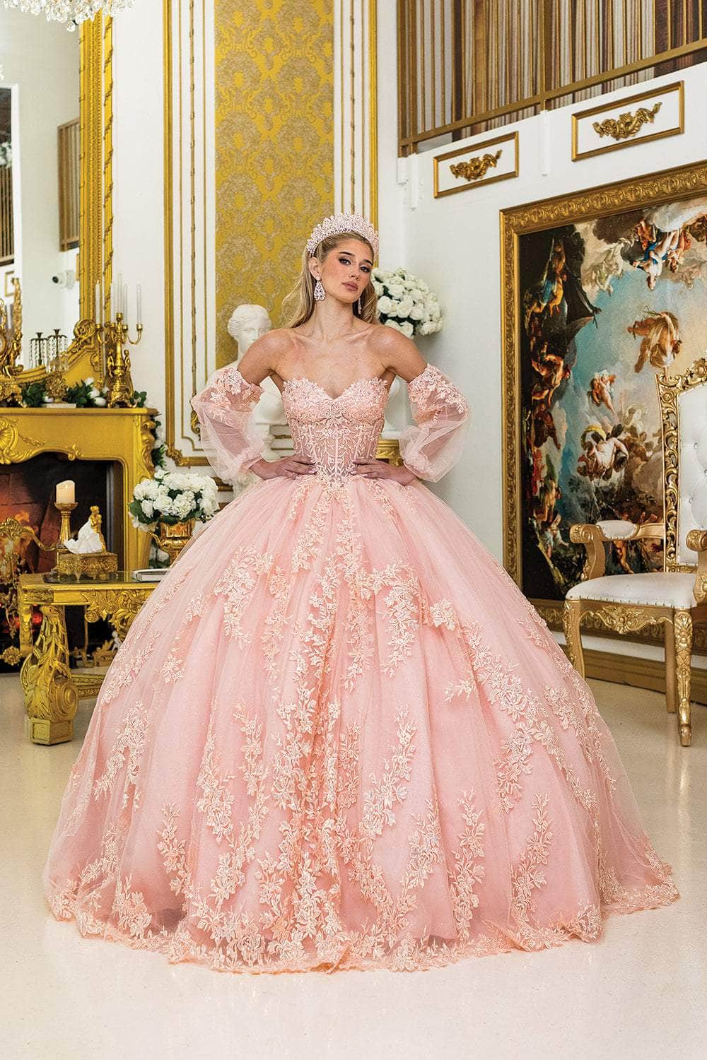 Dancing Queen 5020 - Embroidered Lace-Up Ballgown with Bow Quinceanera Dresses XS /  Blush