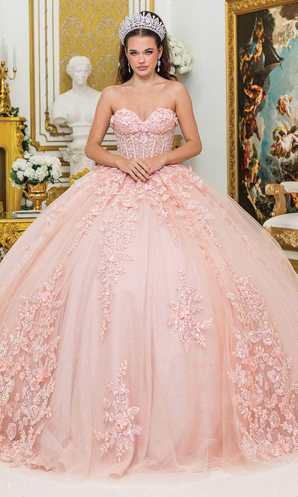 Dancing Queen 5027 - Long Glitter Tulle Ballgown Dress - Beaded Bodice, Floral Embroidery, Strapless, Lace-Up Back, Sweep Train ADASA Dancing Queen 5027 - Long Glitter Tulle Ballgown Dress - Beaded Bodice, Floral Embroidery, Strapless, Lace-Up Back, Sweep Train ADASA
