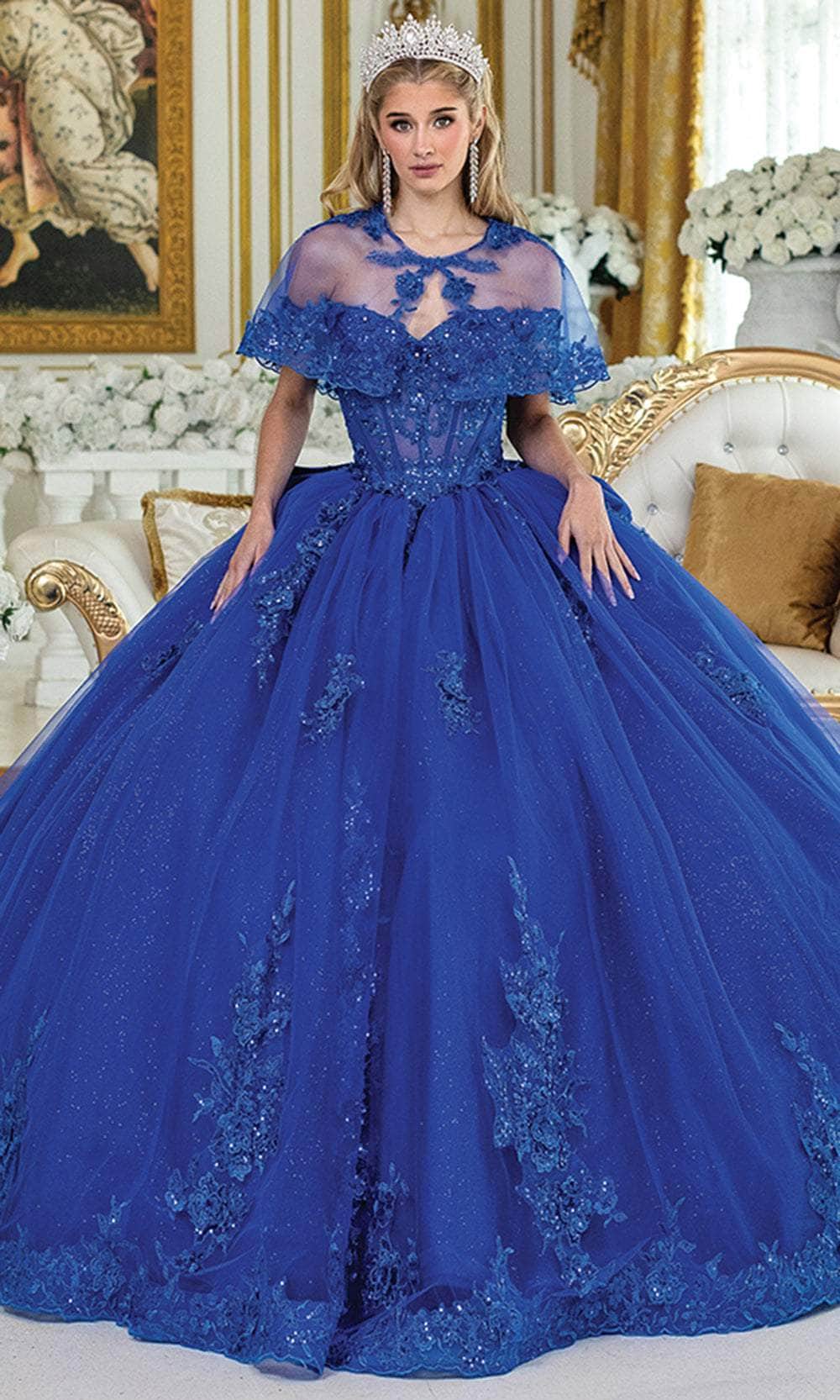 Dancing Queen 5054 - Off-Shoulder Lace Applique Capelet Gown Quinceanera Dresses XS /  Royal Blue