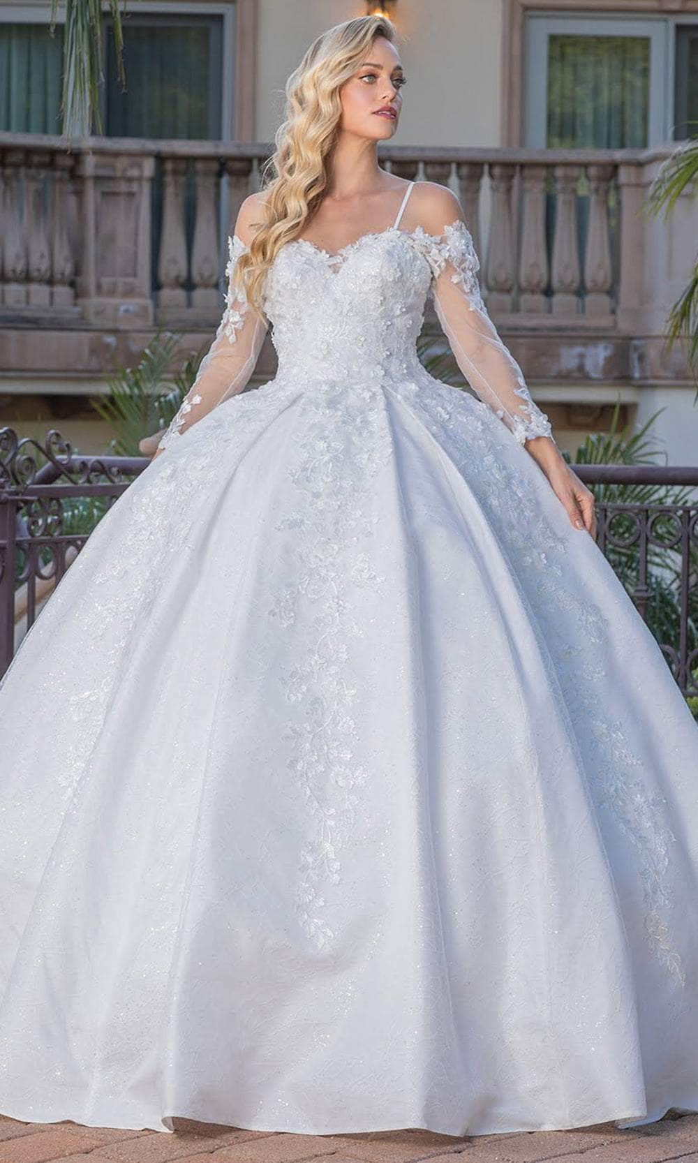 Dancing Queen Bridal 0269 - Long Ballgown Dress - Floral Lace Appliques, Spaghetti Straps, Illusion Long Sleeves, Lace-Up Back, Pleated Skirt S / Off
