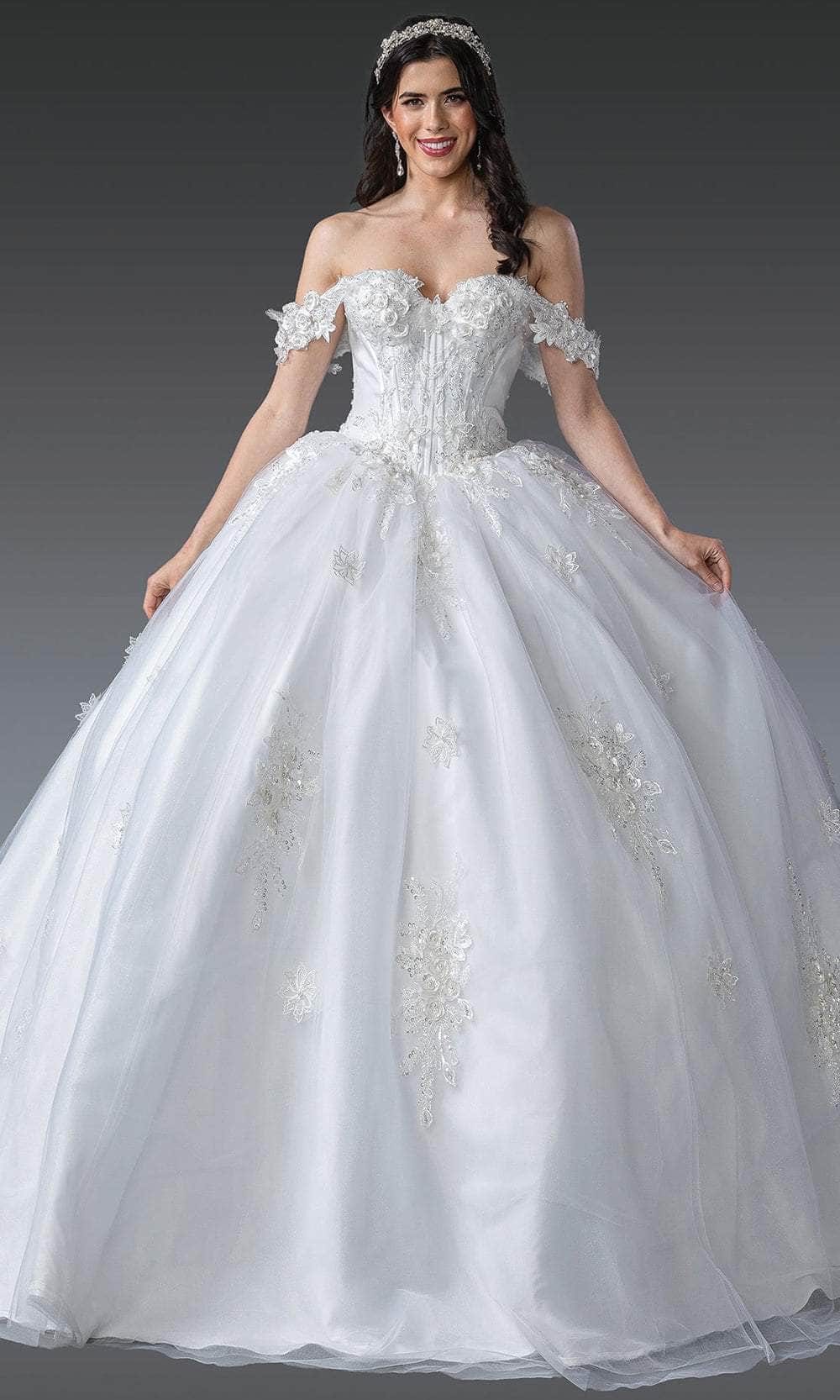 Dancing Queen Bridal 0279 - Long Ballgown Dress - Beaded, Floral Lace Appliques, Corset Bodice, Off Shoulder Sleeves, Sweep Train ADASA Dancing Queen Bridal 0279 - Long Ballgown Dress - Beaded, Floral Lace Appliques, Corset Bodice, Off Shoulder Sleeves, Sweep Train ADASA