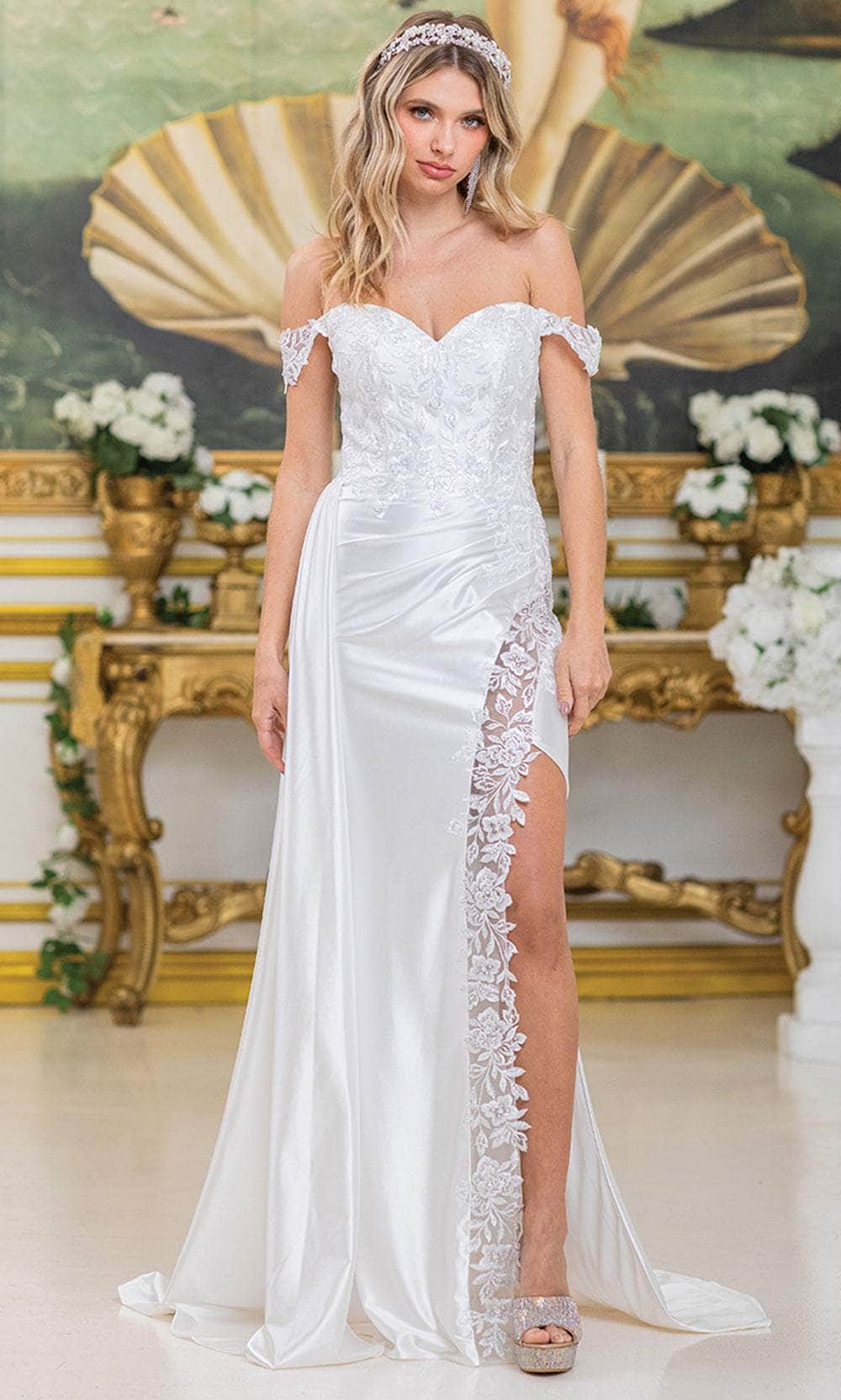 Dancing Queen Bridal 0289 - Long Satin Sheath Dress - Floral Lace Applique, High Slit, Sheer Panel, Off Shoulder Sleeves, Side Draped S / Off White Dancing Queen Bridal 0289 - Long Satin Sheath Dress - Floral Lace Applique, High Slit, Sheer Panel, Off Shoulder Sleeves, Side Draped S / Off White