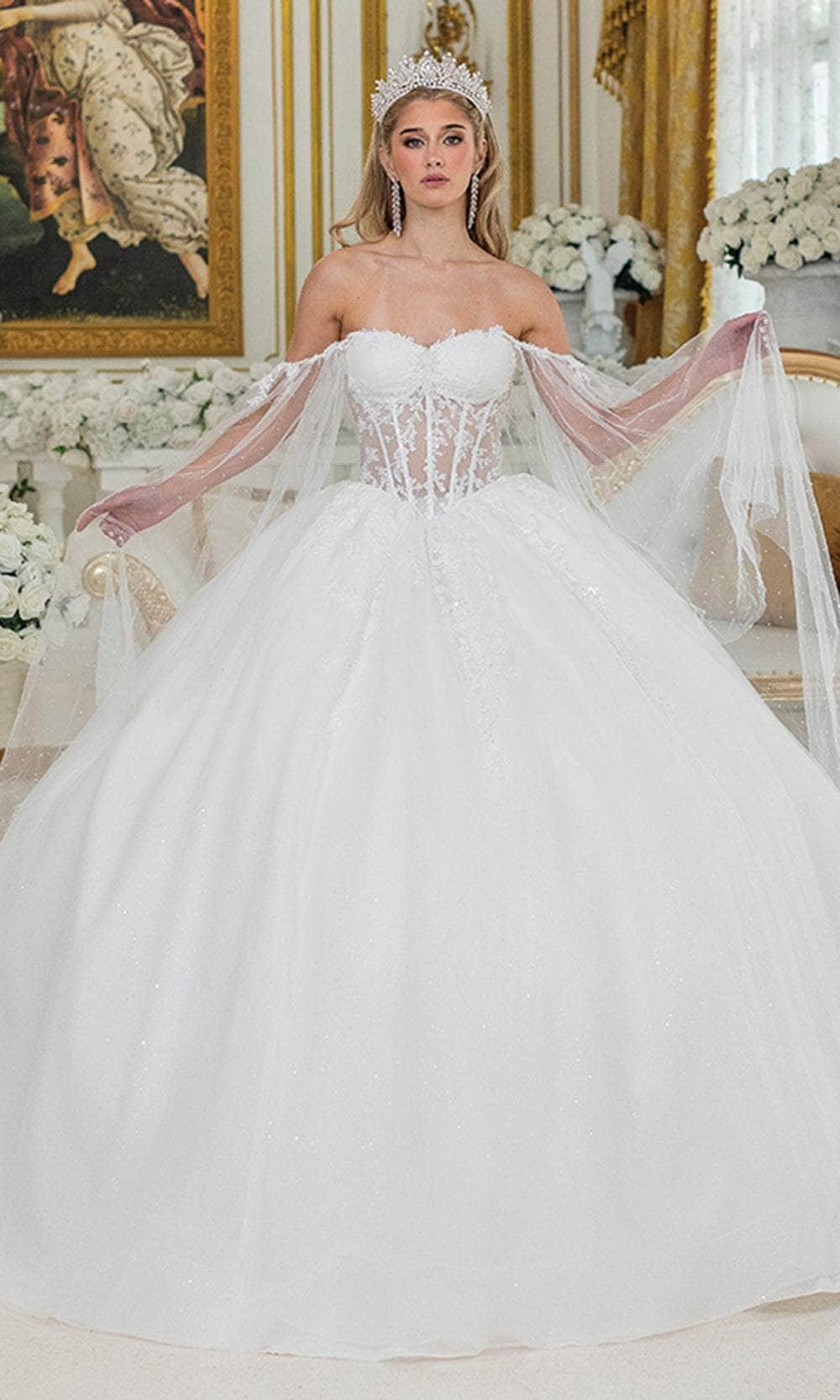 Dancing Queen Bridal 0294 - Long Tulle Ballgown Dress - Detachable Draped Sleeves, Sheer Corset Bodice, Floral Lace Appliques, Beaded, Lace-Up Back ADASA Dancing Queen Bridal 0294 - Long Tulle Ballgown Dress - Detachable Draped Sleeves, Sheer Corset Bodice, Floral Lace Appliques, Beaded, Lace-Up Back ADASA