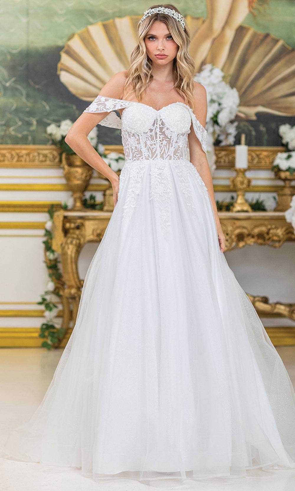 Dancing Queen Bridal 0297 - Long Tulle A-line Dress - Floral Lace Appliques, Sheer Corset Bodice, Draped Off-Shoulder Sleeves, Pleated Skirt ADASA Dancing Queen Bridal 0297 - Long Tulle A-line Dress - Floral Lace Appliques, Sheer Corset Bodice, Draped Off-Shoulder Sleeves, Pleated Skirt ADASA
