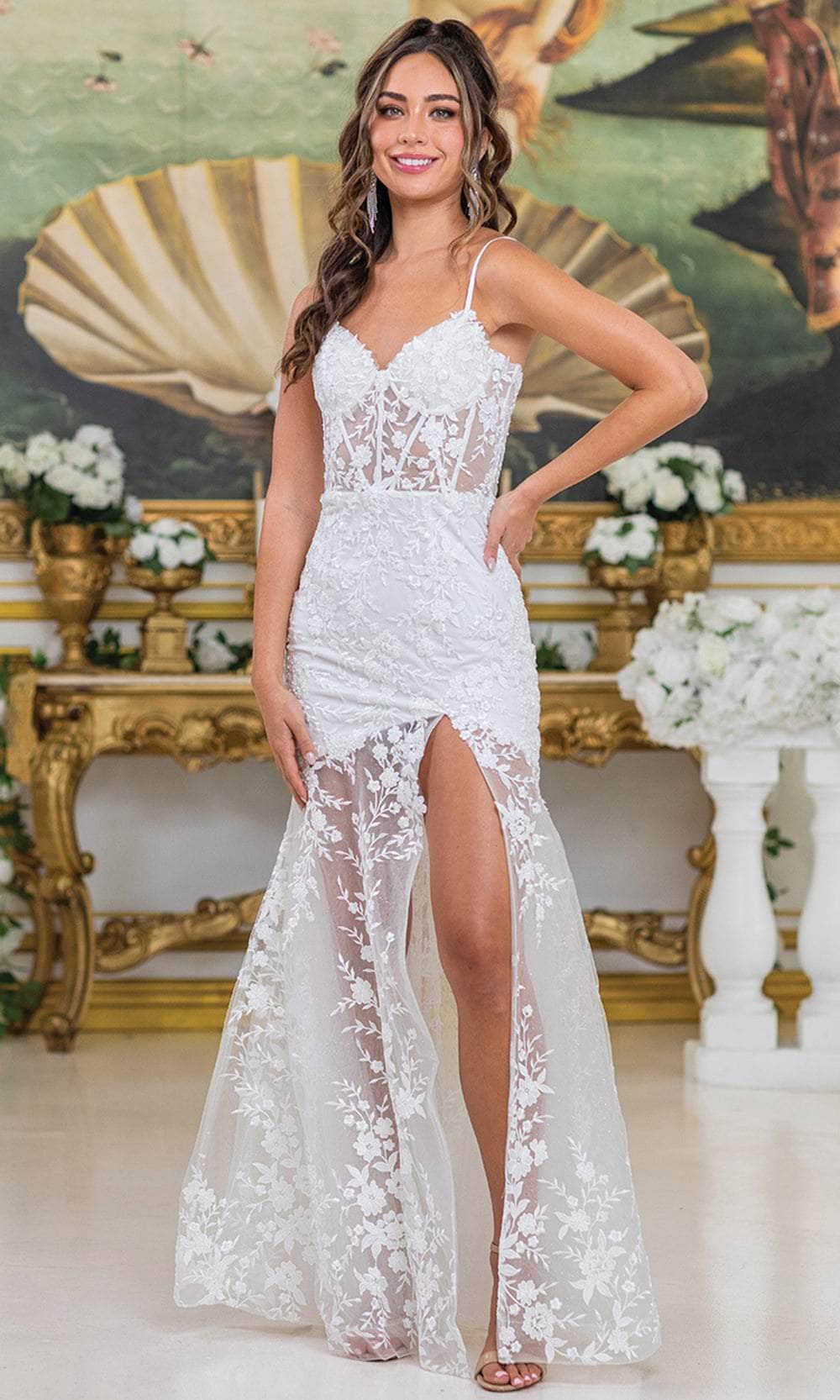 Dancing Queen Bridal 0299 - Long Trumpet Dress - Sheer Corset Bodice, Spaghetti Straps, Floral Lace Appliques, Sheer Skirt, High Slit 2XL / Off White Dancing Queen Bridal 0299 - Long Trumpet Dress - Sheer Corset Bodice, Spaghetti Straps, Floral Lace Appliques, Sheer Skirt, High Slit 2XL / Off White