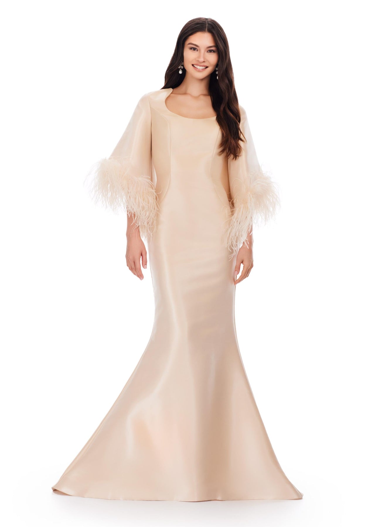 Ashley Lauren 11381 - Feather Trimmed Trumpet Gown In Neutral