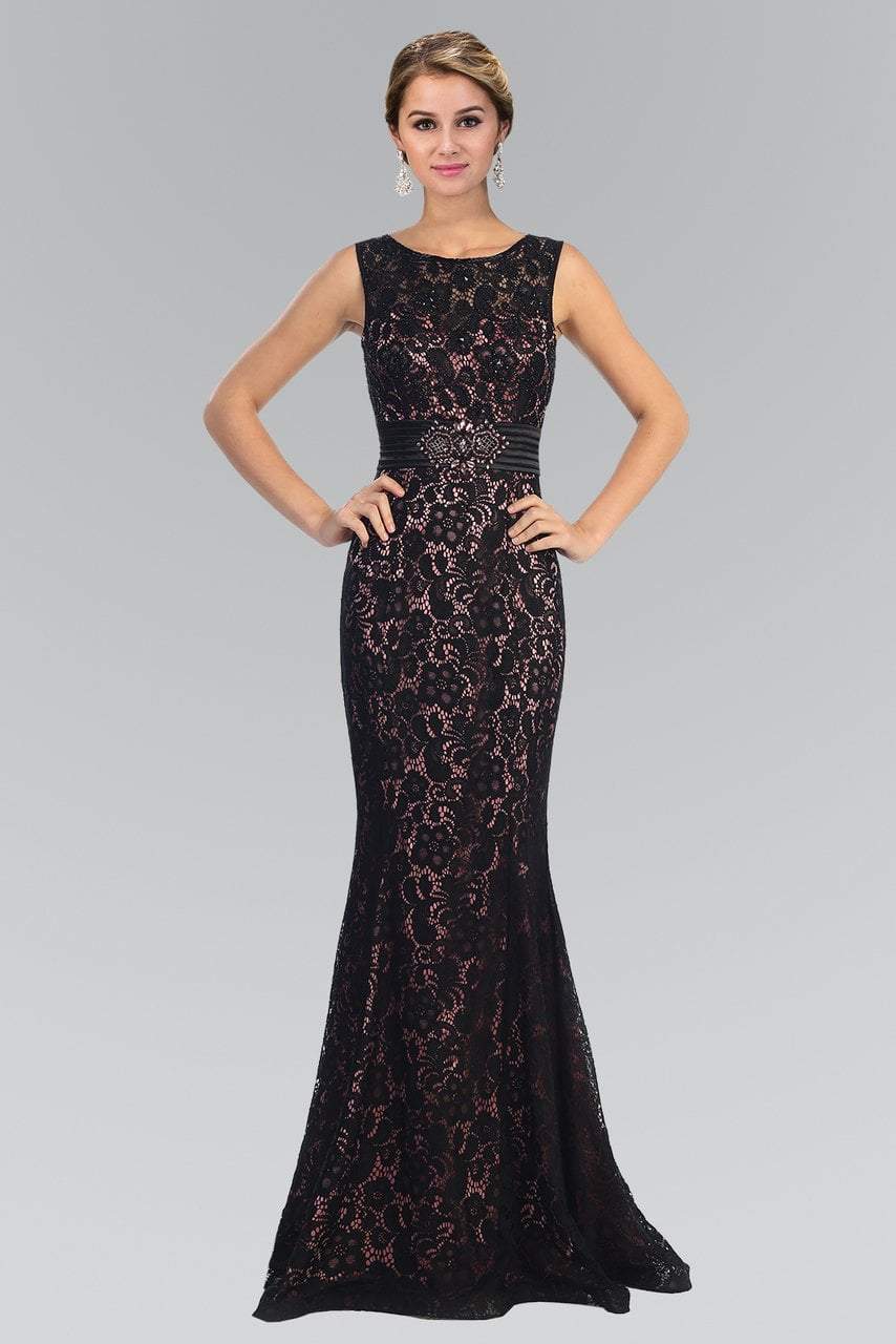 Elizabeth K - GL1101 Lace Embellished Bateau Neck Sheath Dress Special Occasion Dress XS / Blk/D.Rose