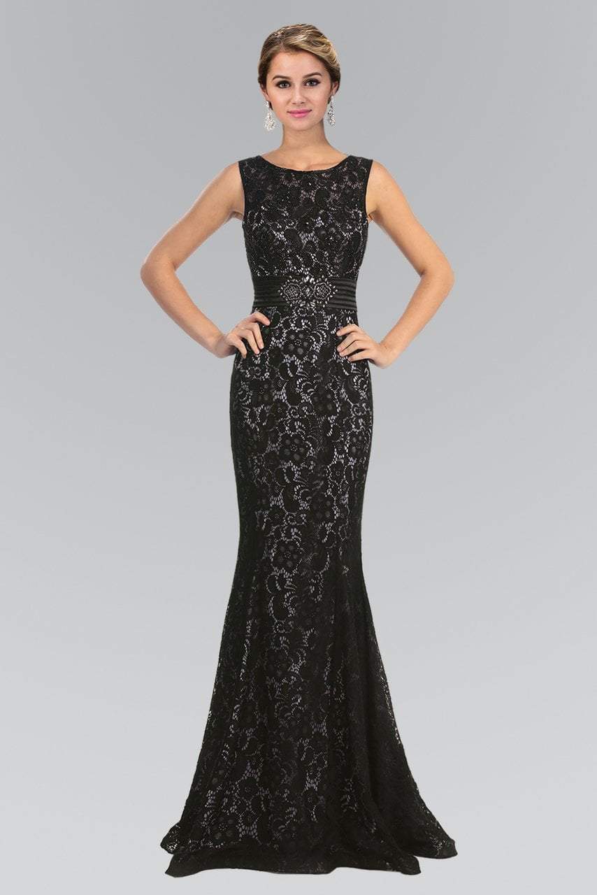 Elizabeth K - GL1101 Lace Embellished Bateau Neck Sheath Dress Special Occasion Dress XS / Blk/Silver