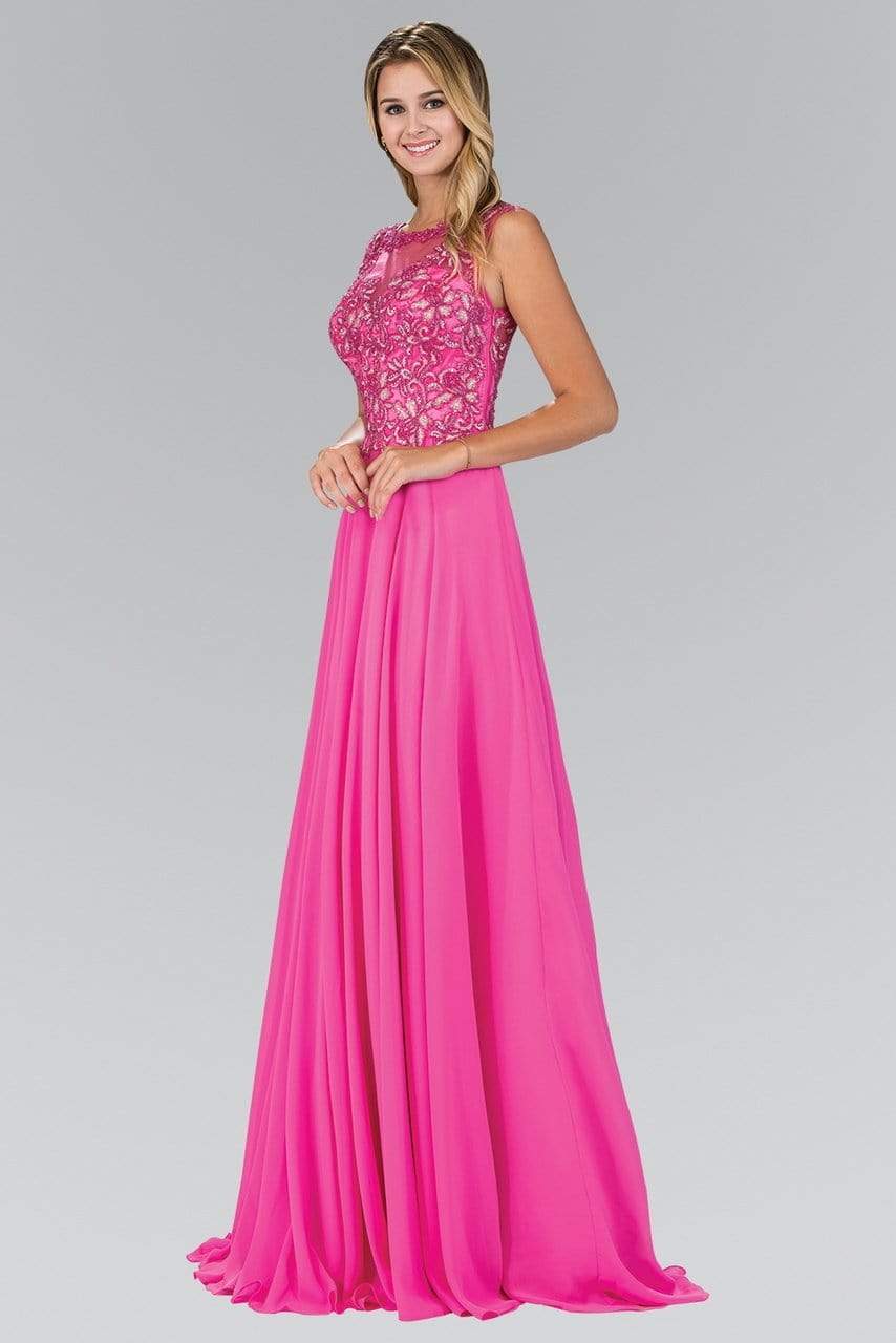 Elizabeth K - GL1410 Beaded Bateau Neck A-Line Gown Special Occasion Dress XS / Hot Pink