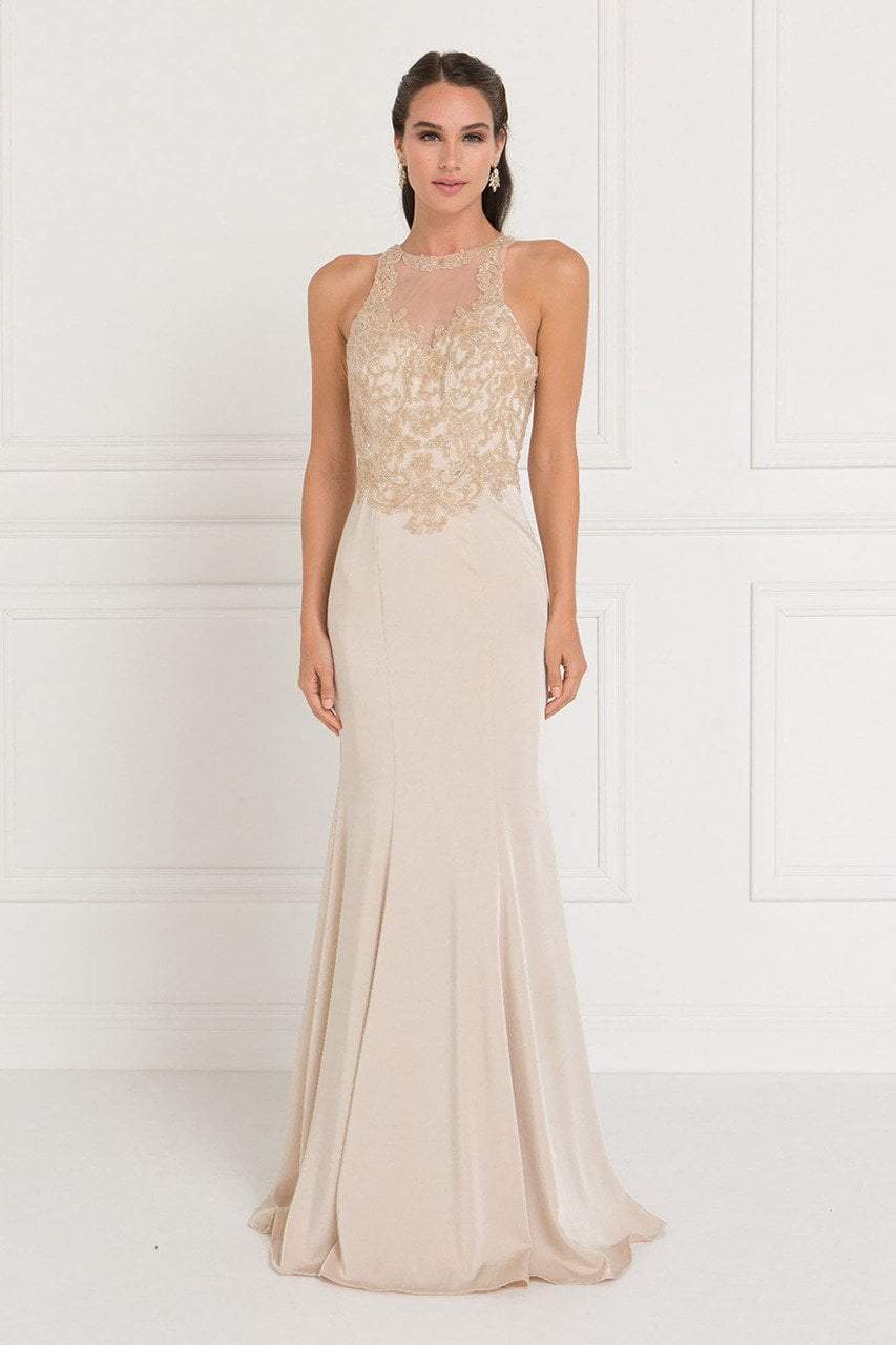 Elizabeth K - GL1568 Bedazzled Illusion Halter Sheath Dress Special Occasion Dress XS / Champagne