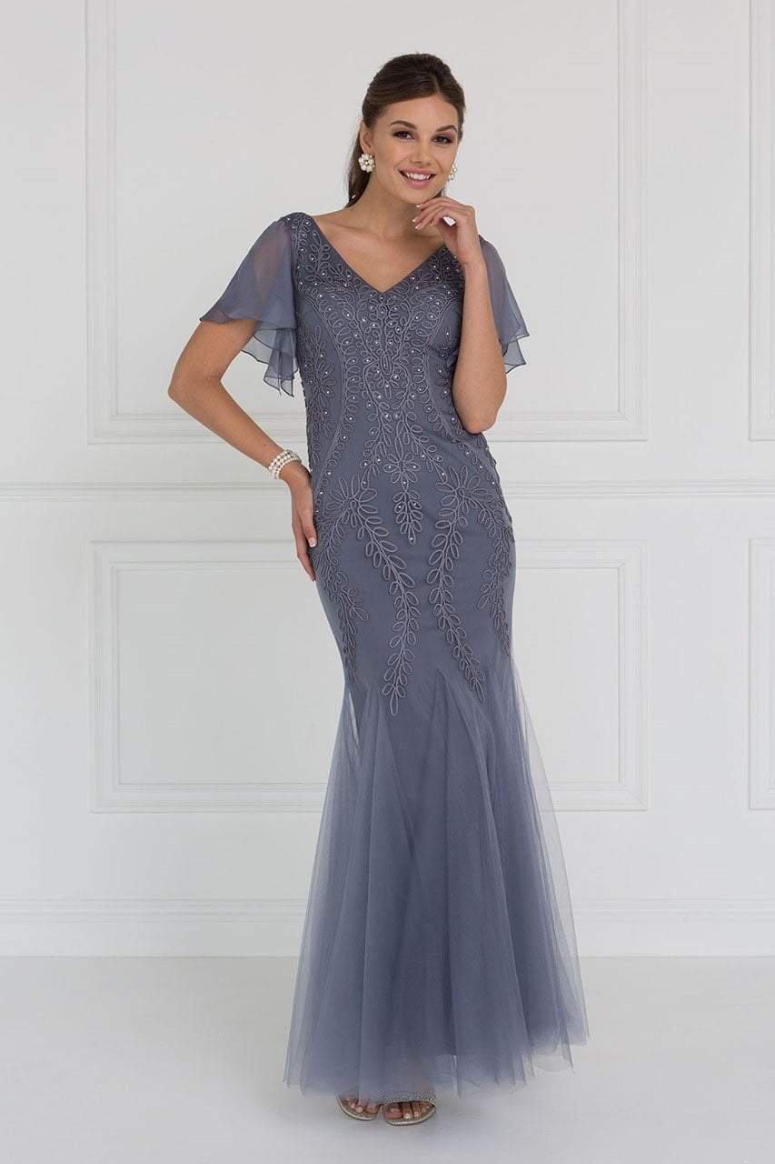 Elizabeth K - GL1576 Butterfly Sleeve Embroidered Foliage Trumpet Gown Mother of the Bride Dresses XS / Silver