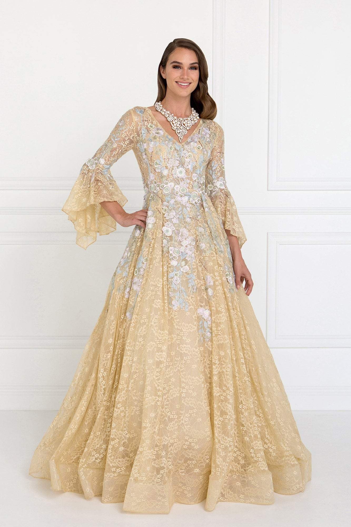 Elizabeth K - GL1592 Flounce Sleeve Floral Embroidered Lace Ballgown Special Occasion Dress XS / Champagne