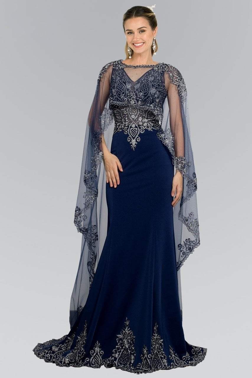 Elizabeth K - GL1596 Embellished Illusion Bateau Sheath Dress Special Occasion Dress XS / Navy