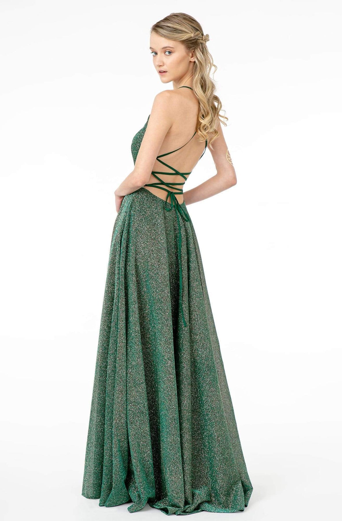 Elizabeth K - GL1828 Plunging Pleat-Ornate Bodice Glitter Lame Gown Prom Dresses