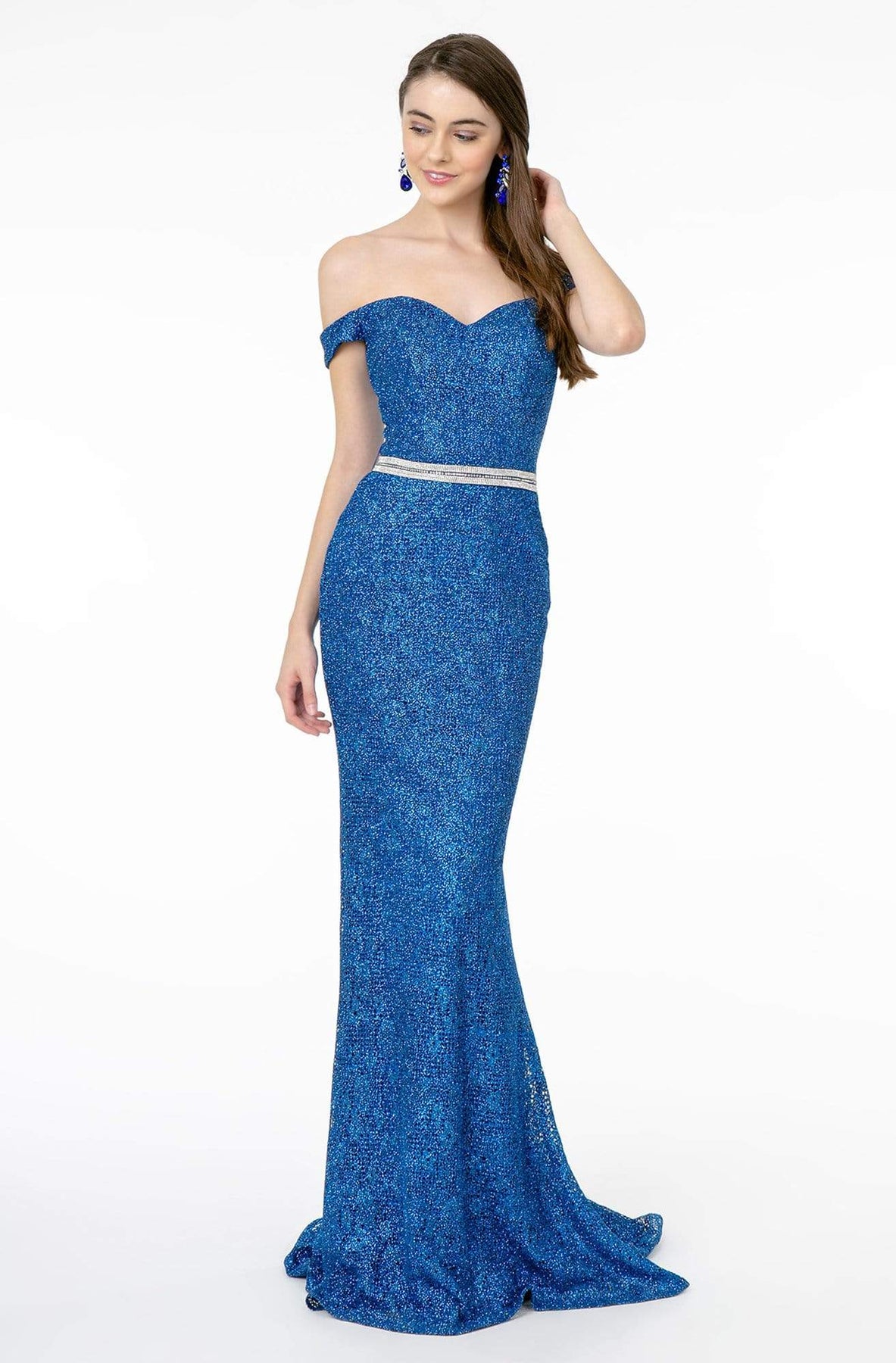 Elizabeth K - GL1829 Off Shoulder Jeweled Waist Glitter Gown Evening Dresses XS / Royal Blue
