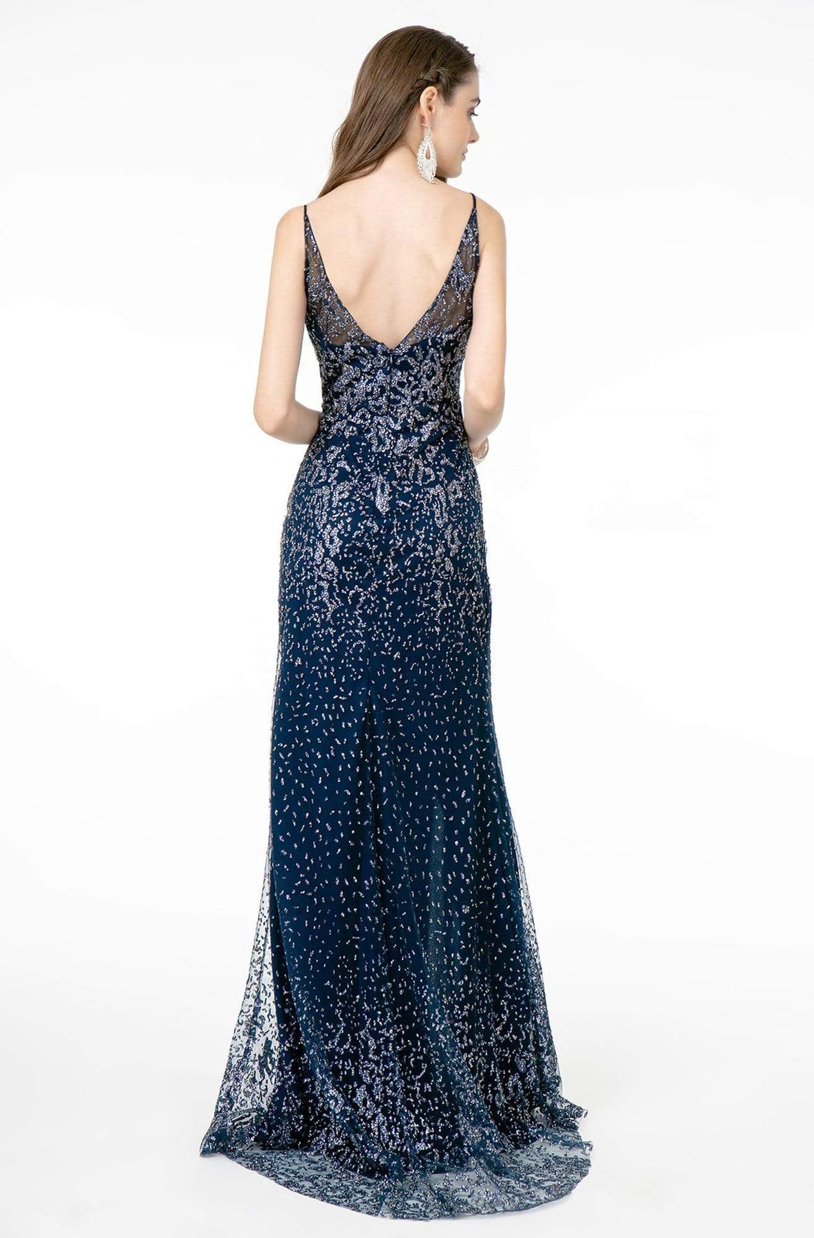 Elizabeth K - GL1844 Illusion Deep V-Neck Glitter Mesh High Slit Gown Evening Dresses