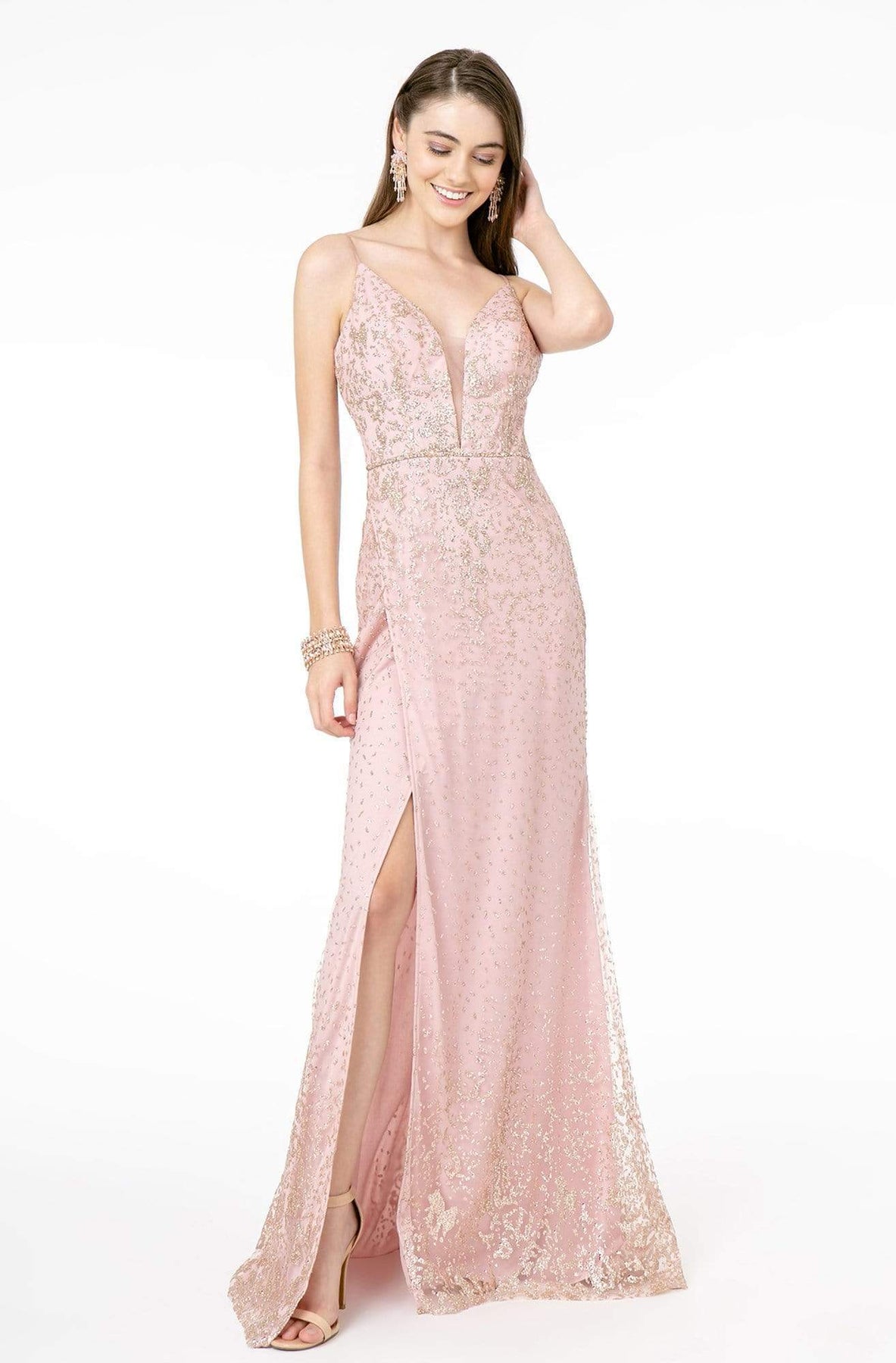Elizabeth K - GL1844 Illusion Deep V-Neck Glitter Mesh High Slit Gown Evening Dresses XS / Rose Gold