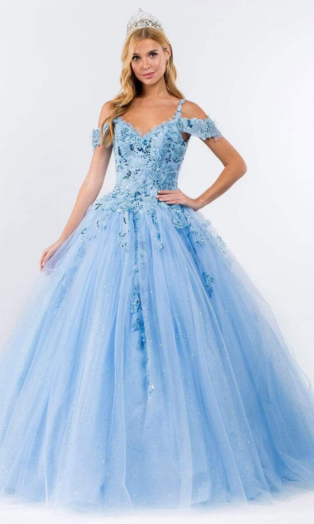 Elizabeth K - GL1969 Sequined Cold Shoulder Ballgown Special Occasion Dresses XS / Baby Blue