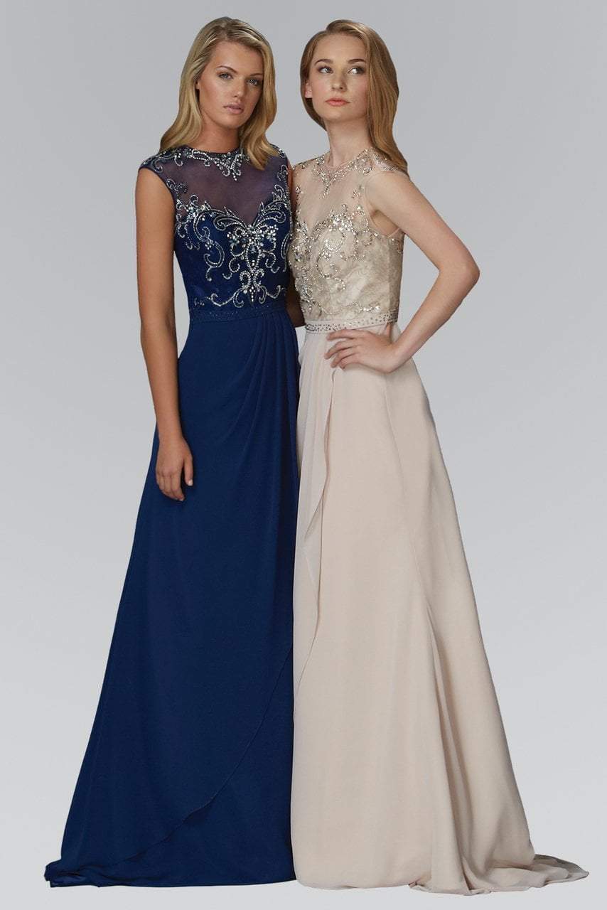 Elizabeth K - GL2099 Jewel Illusion Draped Chiffon Gown Special Occasion Dress XS / Gold