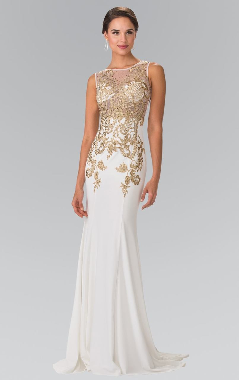 Elizabeth K - GL2230 Embroidered Bateau Neck Jersey Trumpet Dress Special Occasion Dress XS / Ivory