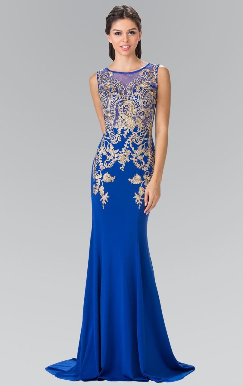 Elizabeth K - GL2230 Embroidered Bateau Neck Jersey Trumpet Dress Special Occasion Dress XS / Royal Blue
