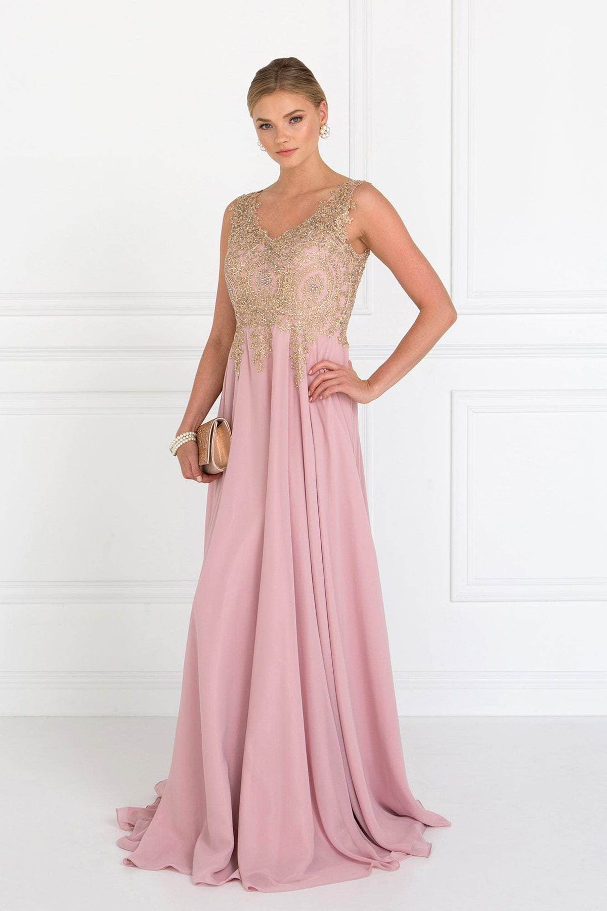 Elizabeth K - GL2311 Intricate Lace V-Neck A-Line Gown Special Occasion Dress XS / Dusty Rose