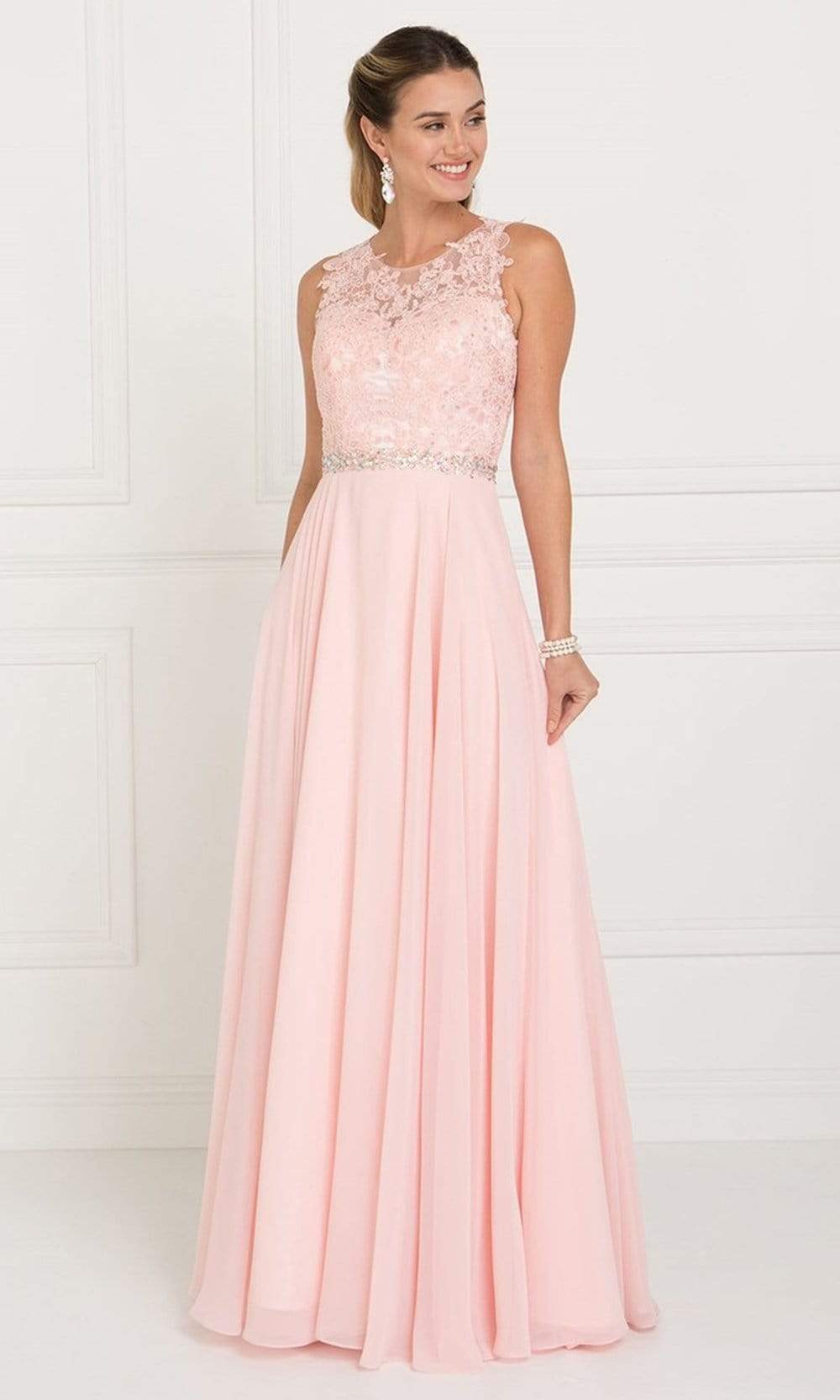 Elizabeth K - GL2417 Illusion Jewel Embellished Lace A-Line Gown Bridesmaid Dresses