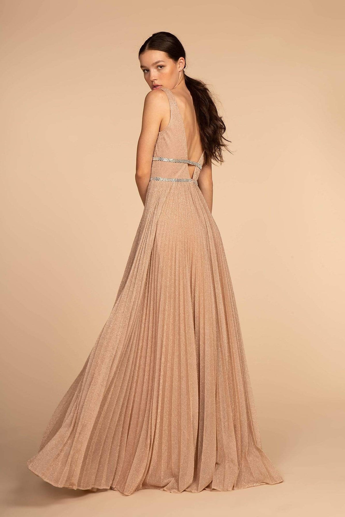 Elizabeth K - GL2501 Illusion Plunging Neck Metallic Prom Dress Special Occasion Dress