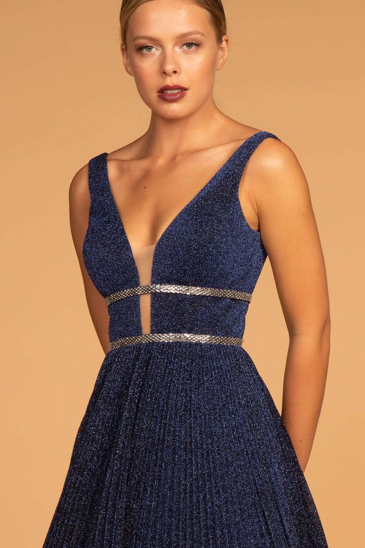 Elizabeth K - GL2501 Illusion Plunging Neck Metallic Prom Dress Special Occasion Dress