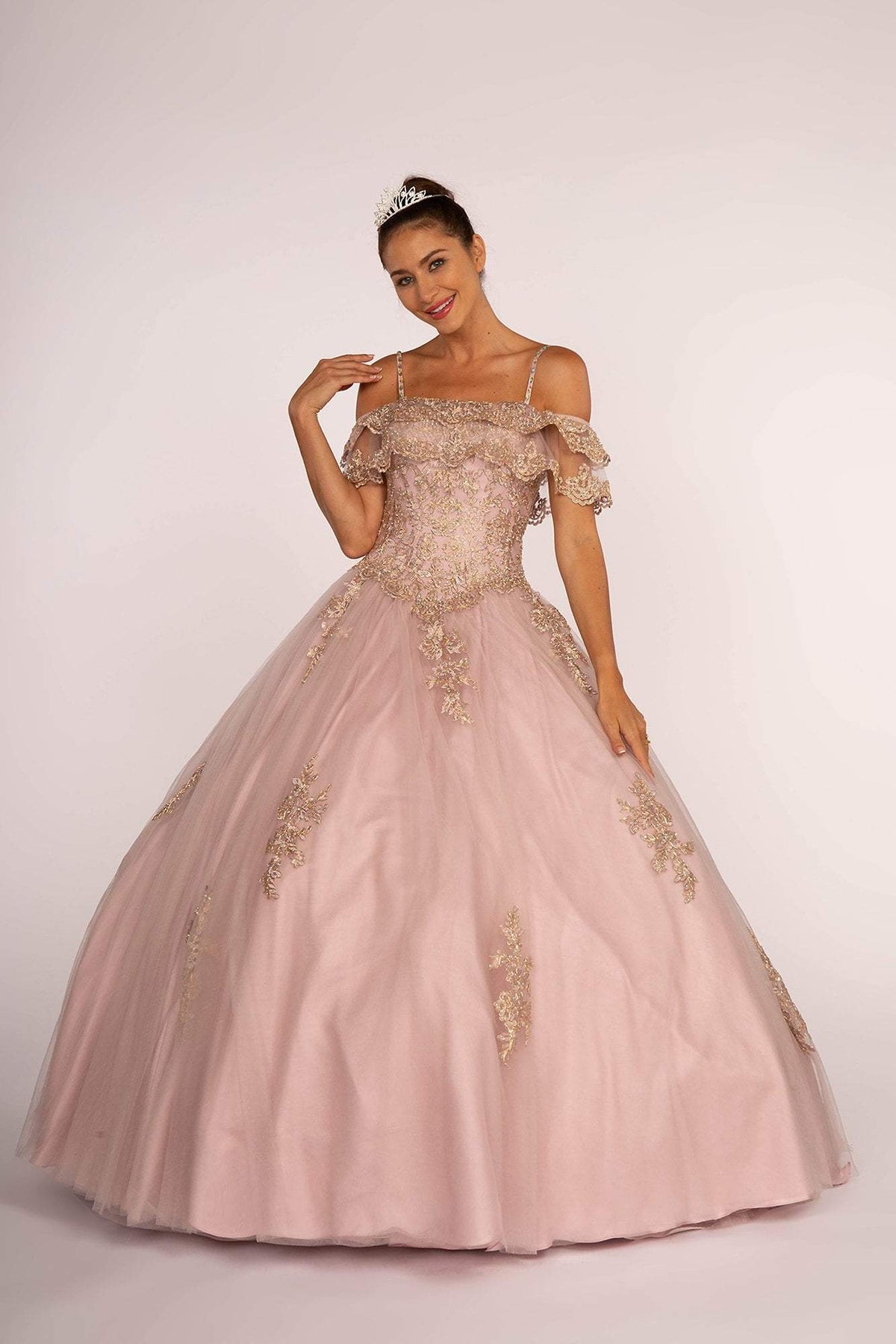 Elizabeth K - GL2510 Ruffled Off Shoulder Mesh Ballgown Special Occasion Dress XS / Blush
