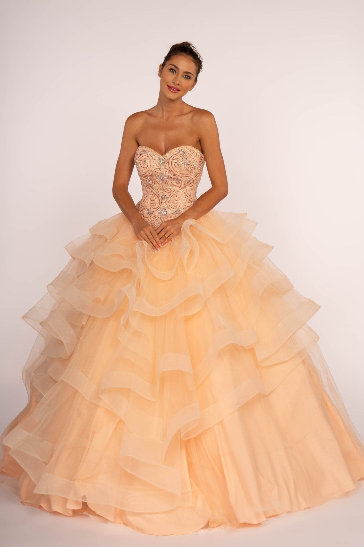 Elizabeth K - GL2515 Beaded Strapless Ruffled Ballgown Special Occasion Dress XS / Peach