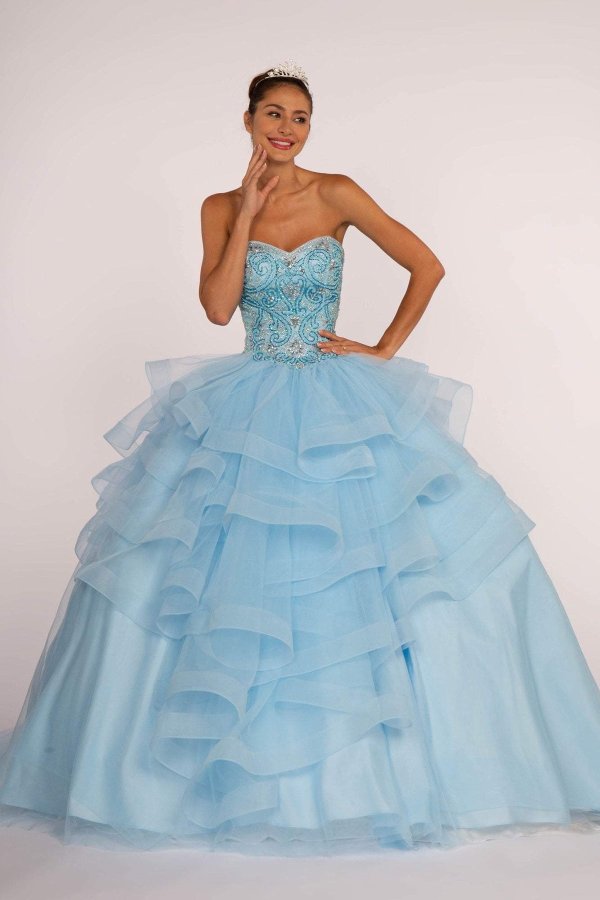 Elizabeth K - GL2515 Beaded Strapless Ruffled Ballgown Special Occasion Dress XS / Sky
