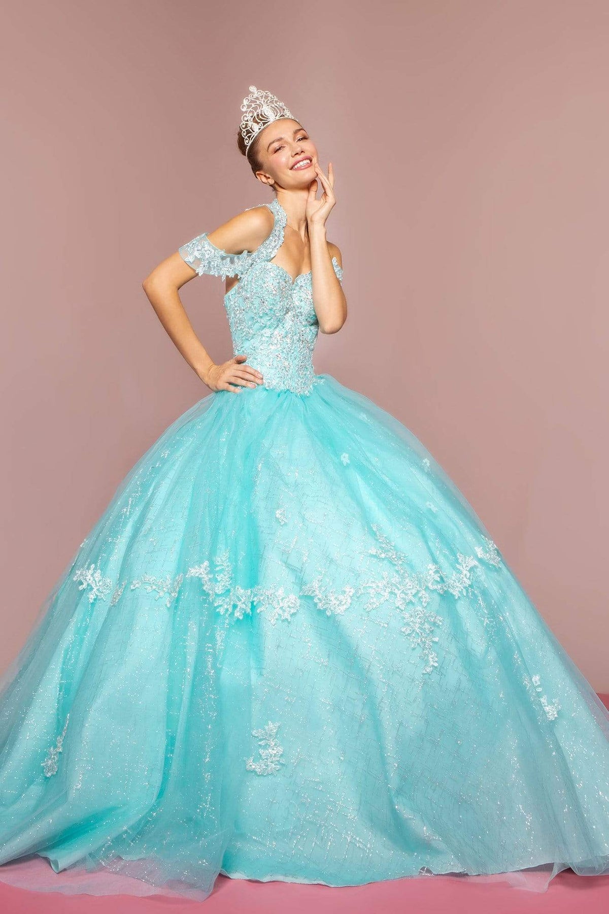 Elizabeth K - GL2602 Embroidered Halter Ballgown Special Occasion Dress XS / Aqua