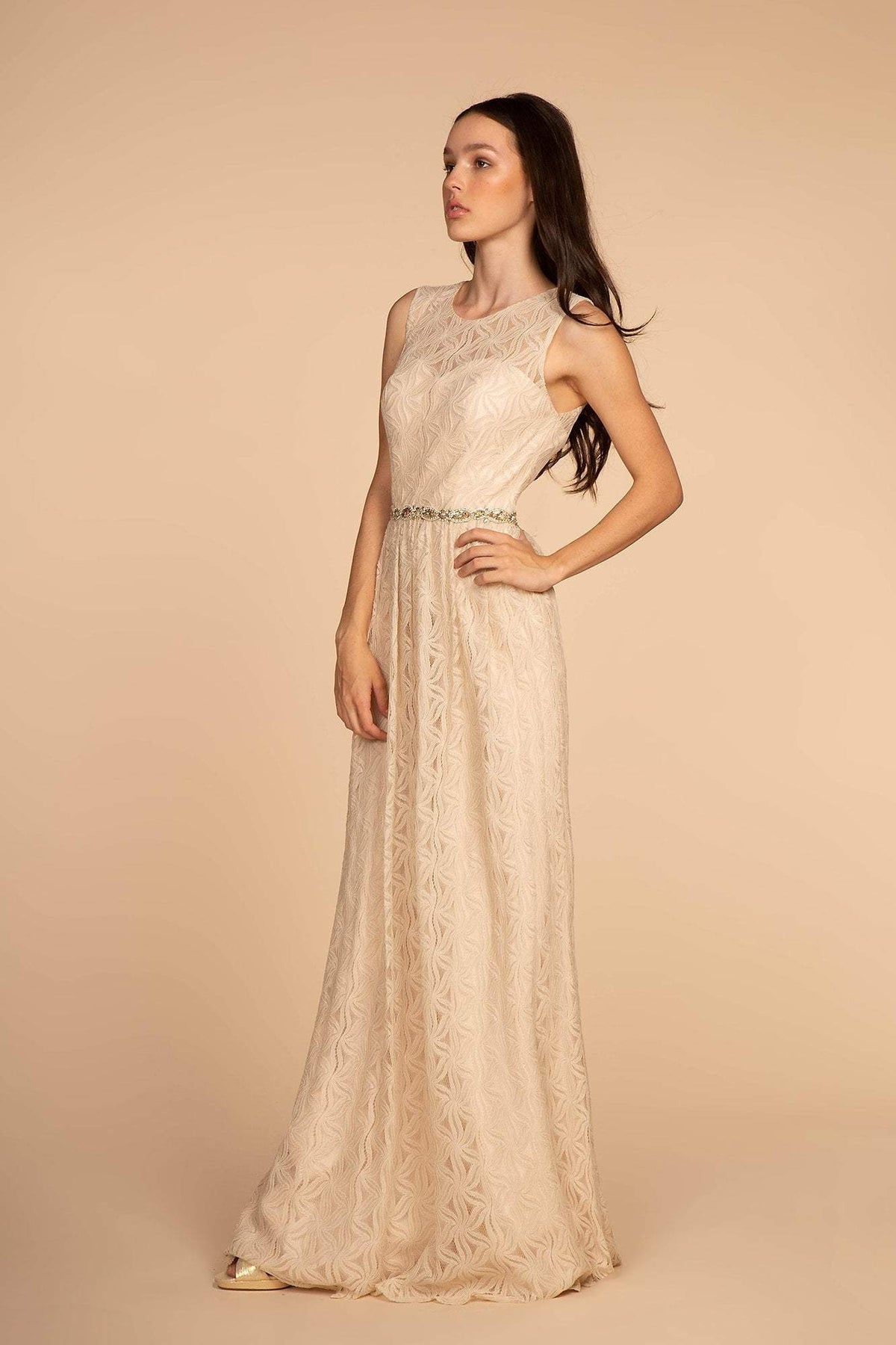 Elizabeth K - GL2611 Floral Lace Jewel A-Line Evening Gown Bridesmaid Dresses XS / Champagne