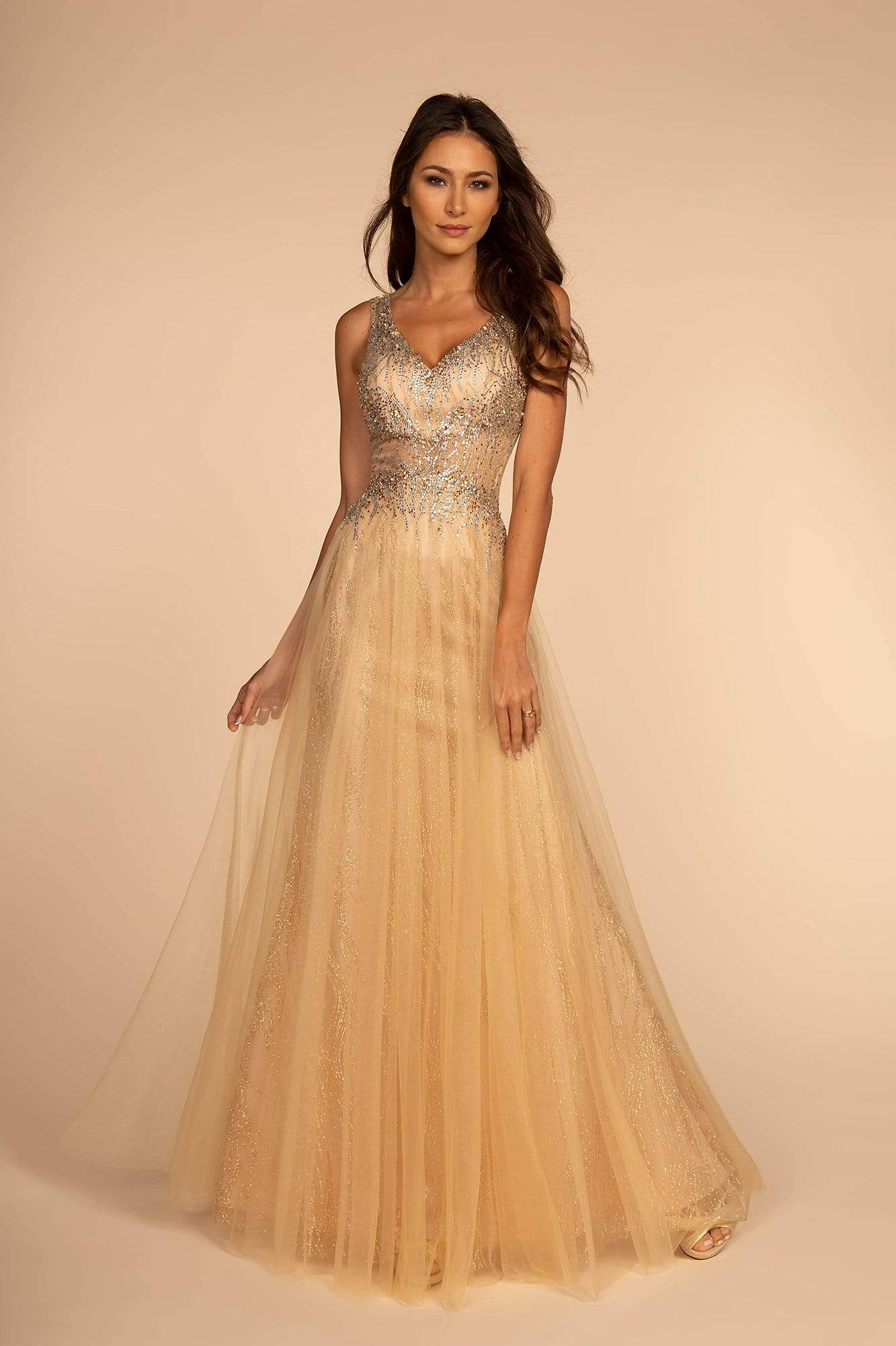 Elizabeth K - GL2618 Beaded Glittery A-Line Dress Special Occasion Dress XS / Champagne