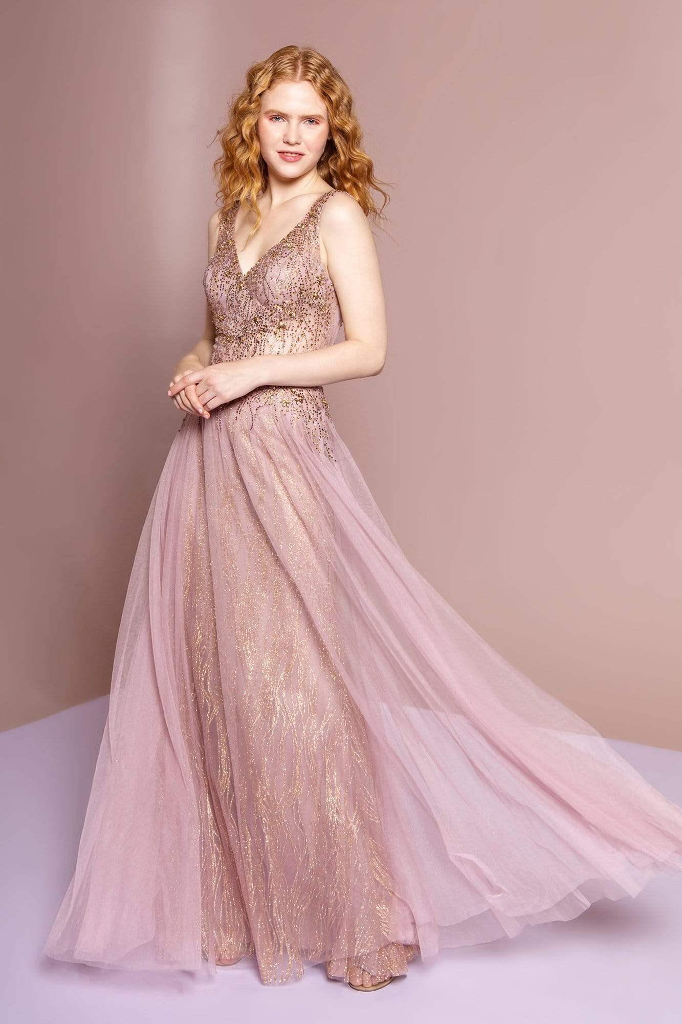 Elizabeth K - GL2618 Beaded Glittery A-Line Dress Special Occasion Dress XS / Mauve