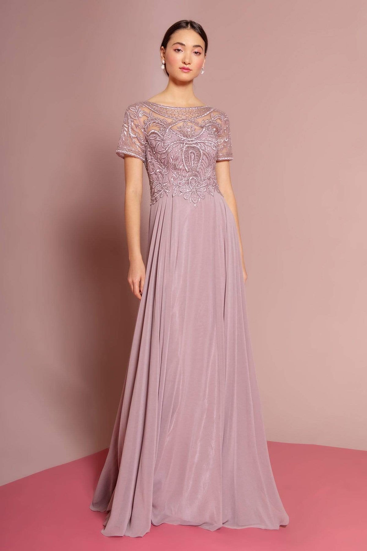 Elizabeth K - GL2683 Floral Embroidered Bateau Dress Mother of the Bride Dresses XS / Mauve