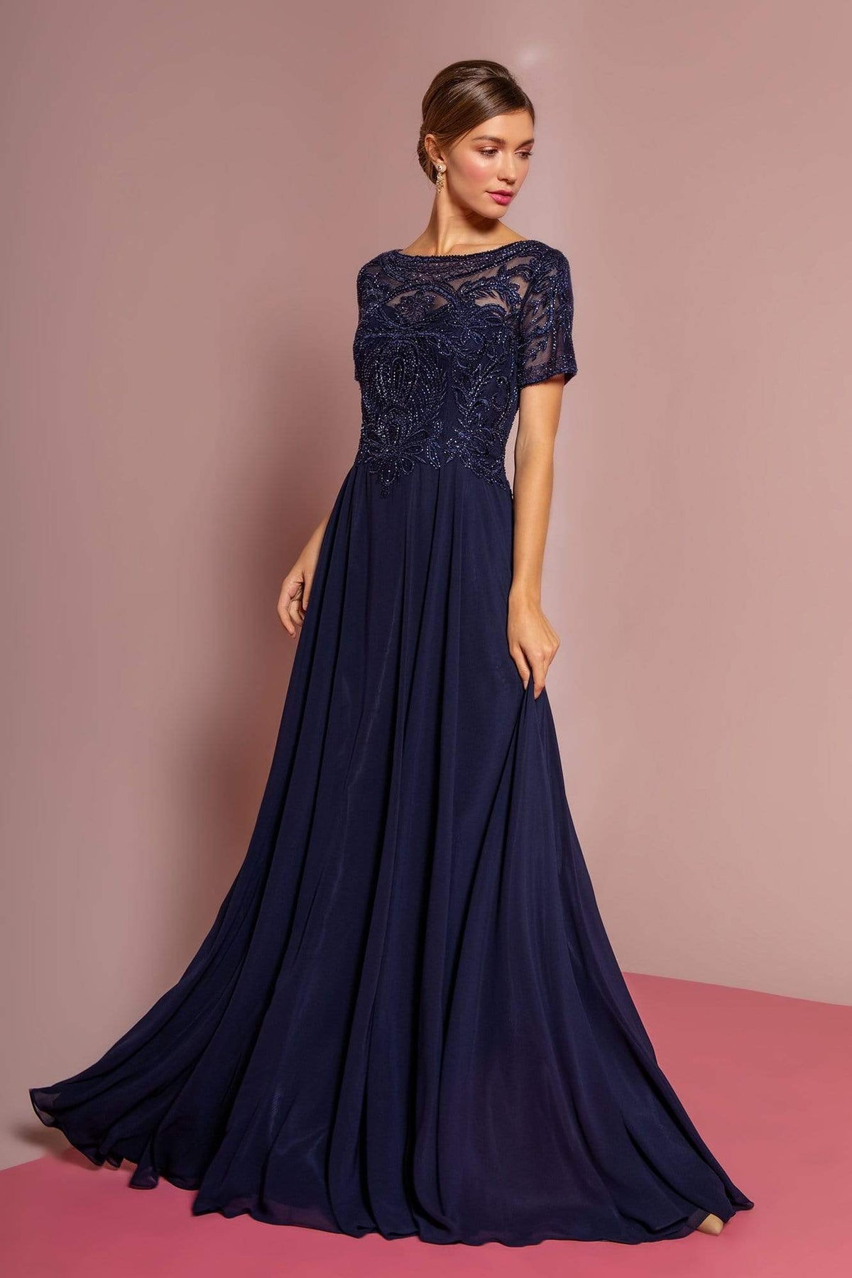 Elizabeth K - GL2683 Floral Embroidered Bateau Dress Mother of the Bride Dresses XS / Navy