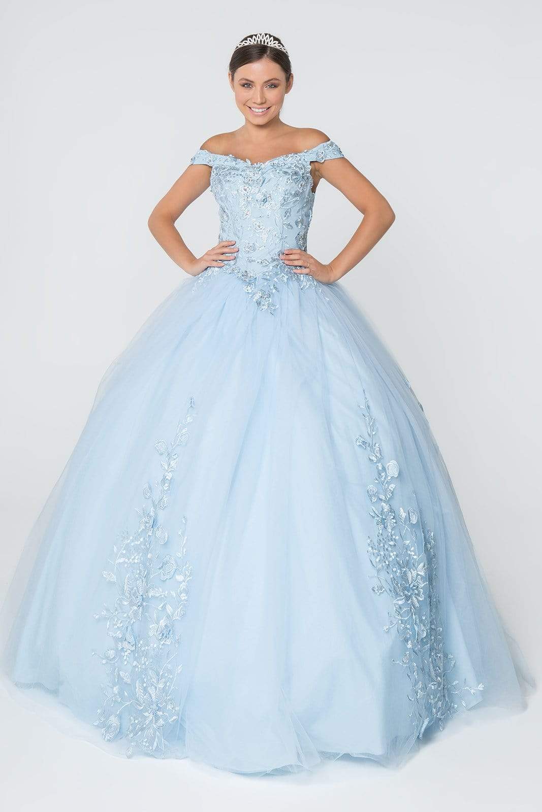 Elizabeth K - GL2802 Floral Embroidered Off Shoulder Ballgown Quinceanera Dresses XS / Baby Blue